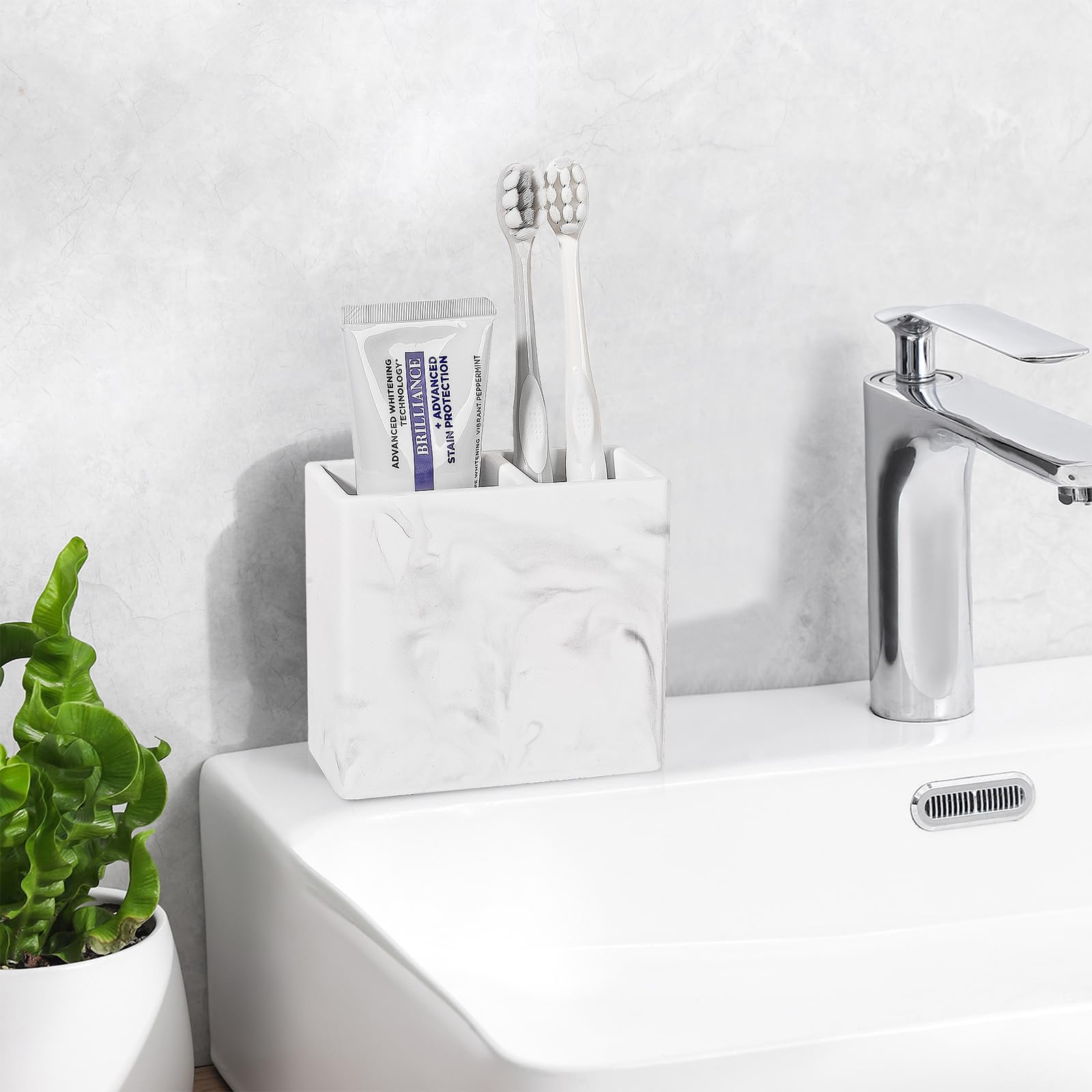 Diatomite Toothbrush Holder with 2 Slots - Bathroom Organizer for Kids Electric Toothbrush & Toothpaste | Countertop, Shower, Vanity Storage | Marble White | Perfect for Modern Bathrooms & Family Homes