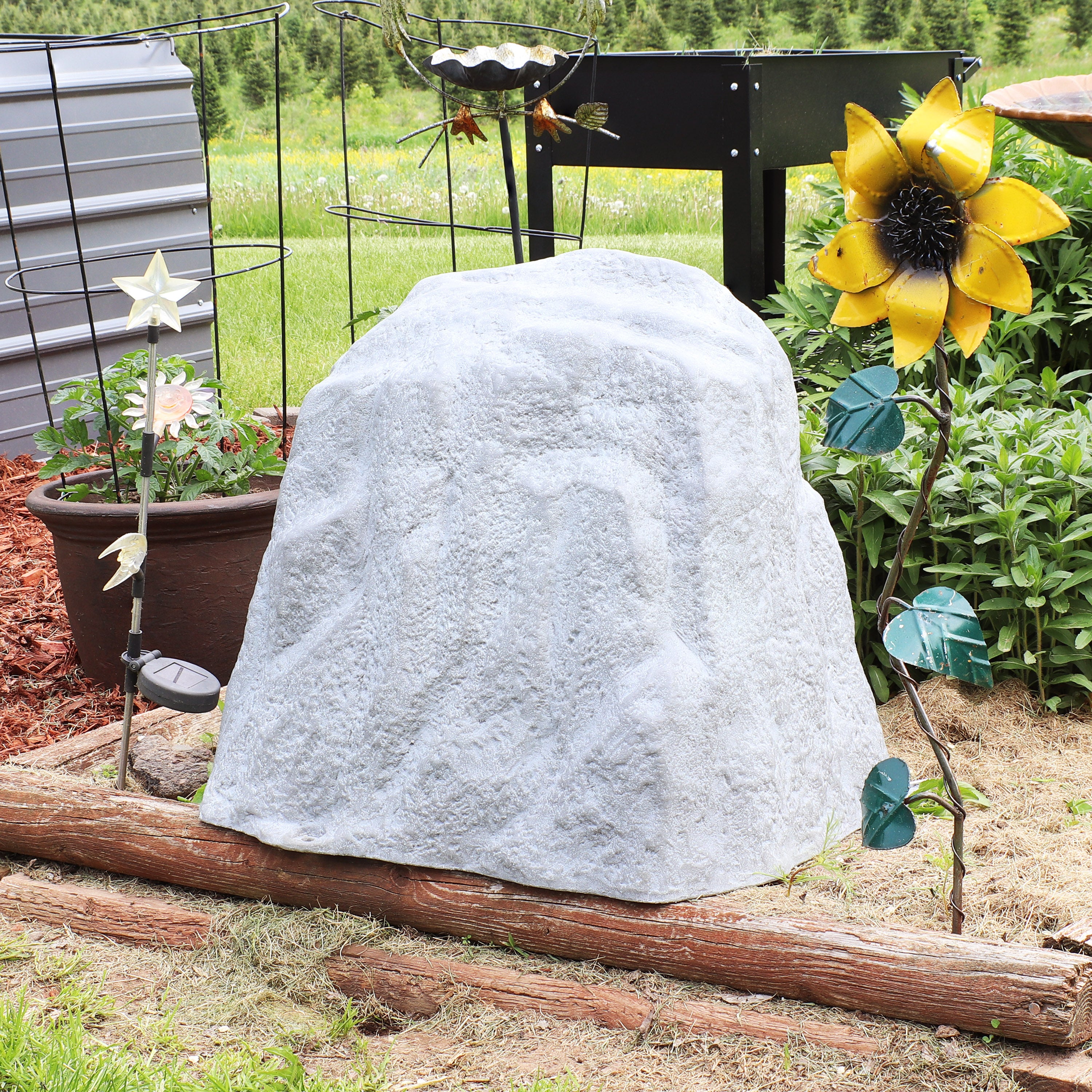 Sunnydaze Polyresin Landscape Rock Cover with Stakes - Decorative Yard Rock Cover for Outdoor Garden, Lawn, and Patio - Weatherproof and UV Resistant - Perfect for Hiding Utility Boxes, Cables, and Unsightly Areas