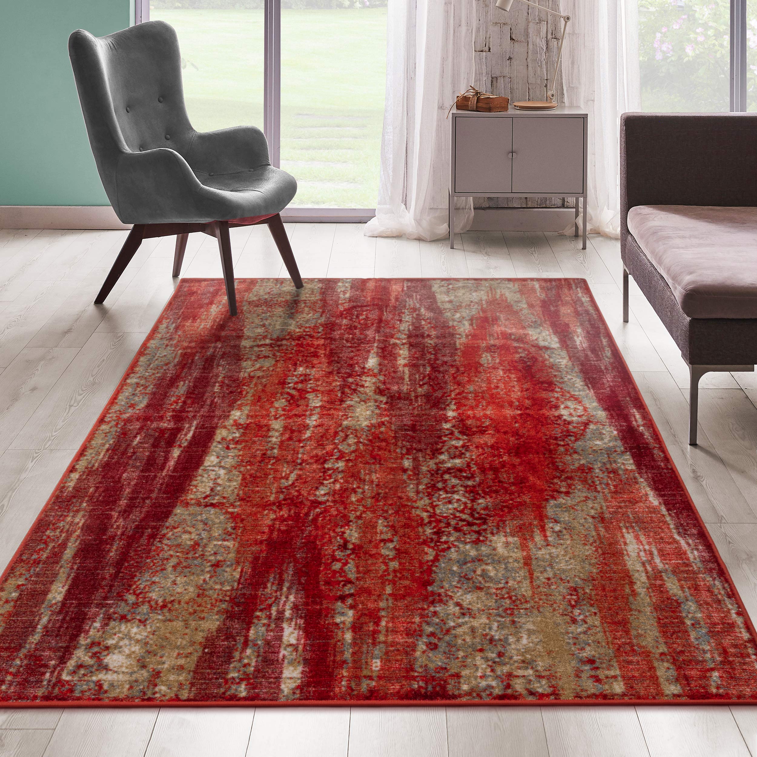 BLUENILEMILLS Artemisia Abstract Plush Indoor Area Rug 8x10 Feet - Non-Slip Foam Backing, Washable & Durable Modern Red Carpet for Living Room, Bedroom, Office Decor