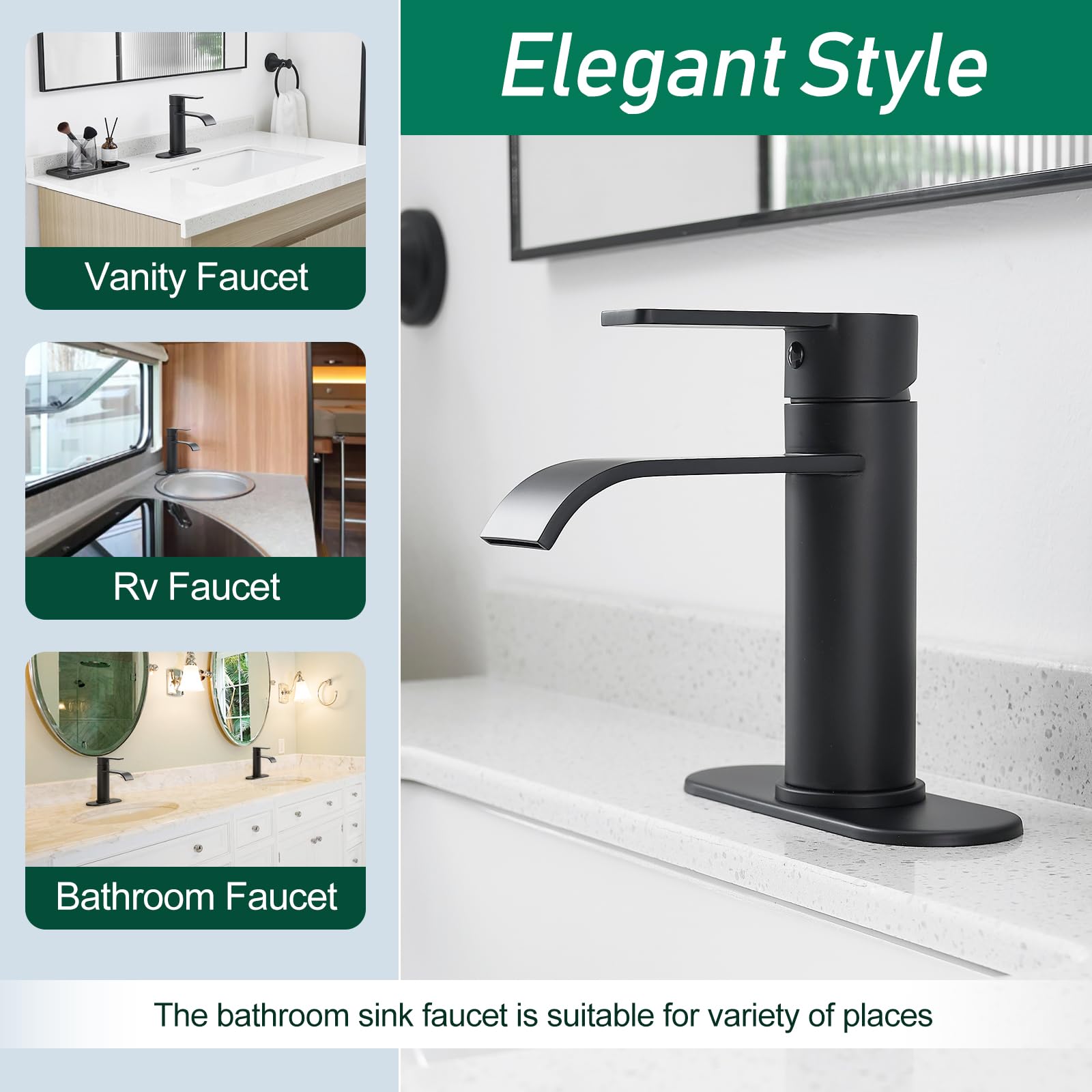 VOTON Black Single Handle Bathroom Sink Faucet - Modern Waterfall Design for 1 or 3 Hole Installation with Deck Plate - RV, Camper, Farmhouse & Utility Sink Remodel - Perfect for Bathrooms, Washbasins & Small Spaces