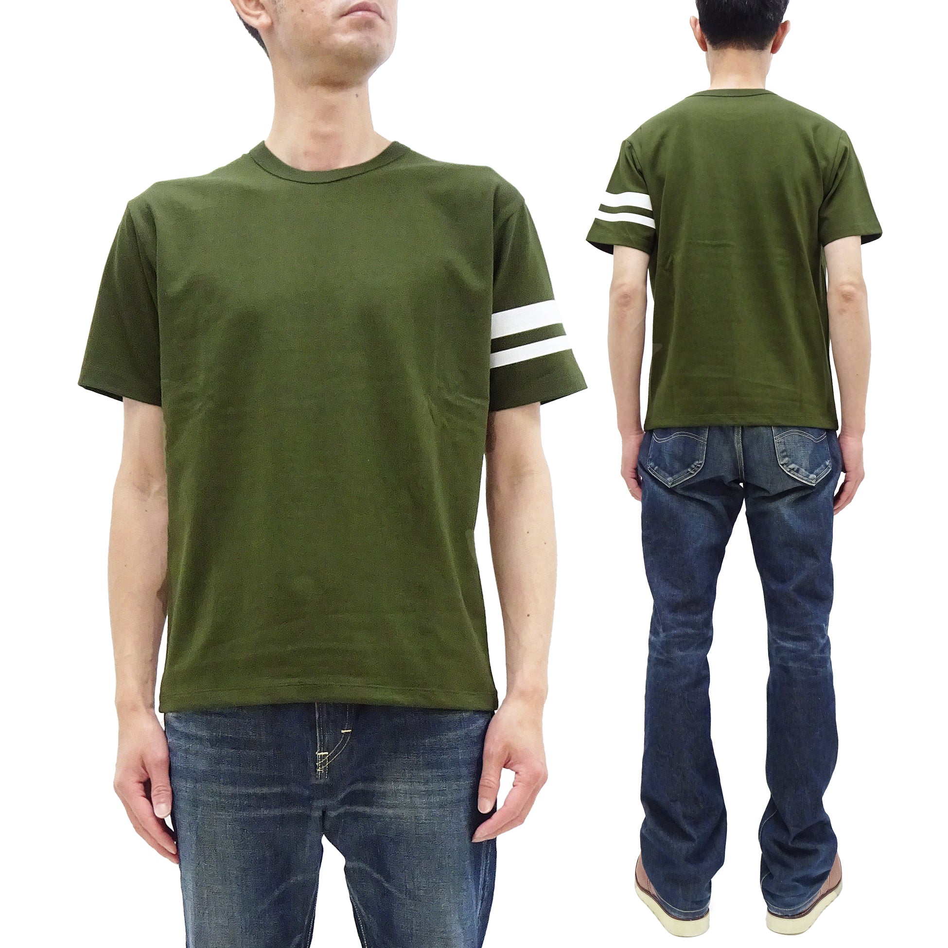 Momotaro Jeans Men's Casual Short Sleeve T-Shirt with GTB Stripes on Left Arm - Olive Green Cotton Tee for Streetwear & Everyday Comfort | MZTS0002