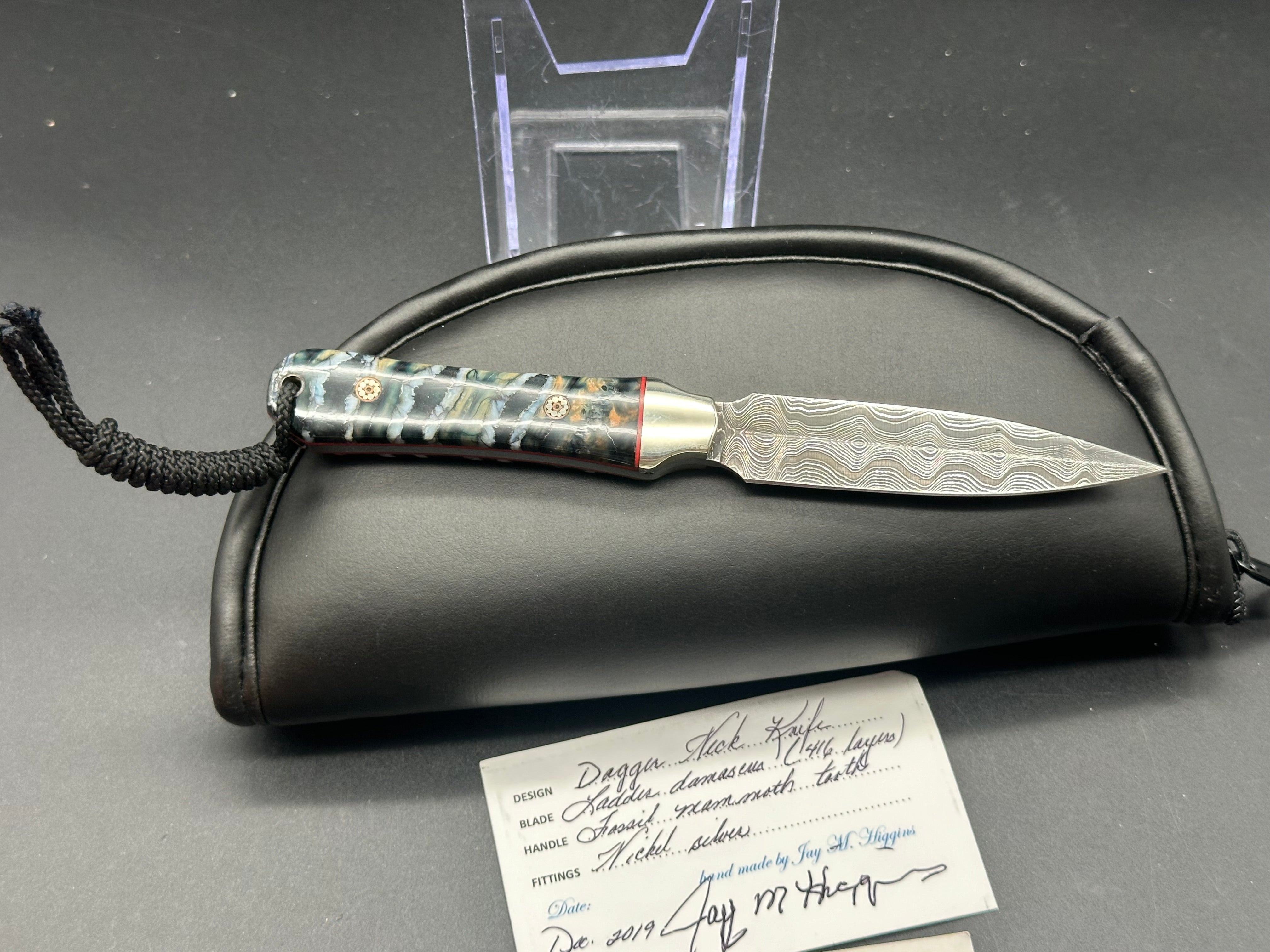Custom Jay Higgins Neck Knife with Mammoth Tooth Scales & Ladder Damascus Blade – Perfect for Outdoor Adventures, Hunting, and Survival Gear