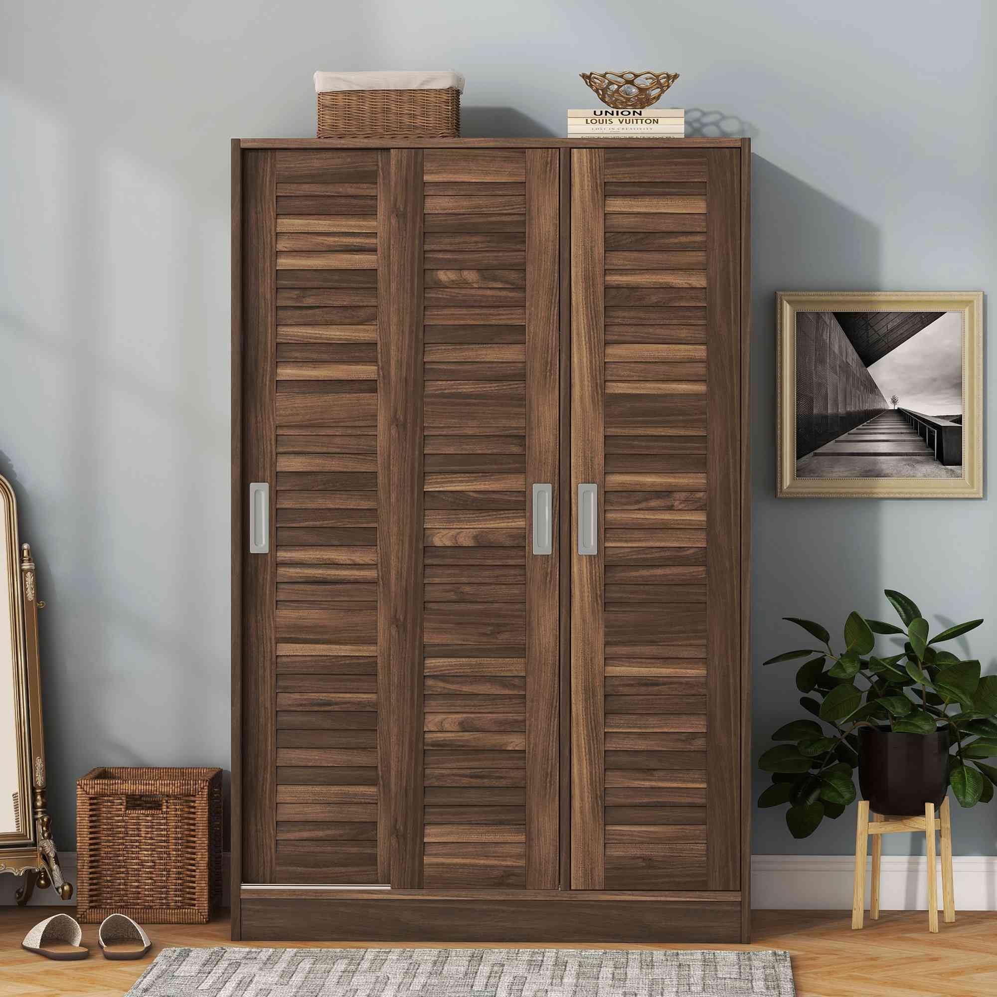 ATY Freestanding Wardrobe Closet with Storage Shelves & Hanging Rod - 2 Sliding Doors Clothes Organizer Armoire for Bedroom - Walnut Finish | Perfect for Small Spaces, Apartment Storage & Bedroom Organization