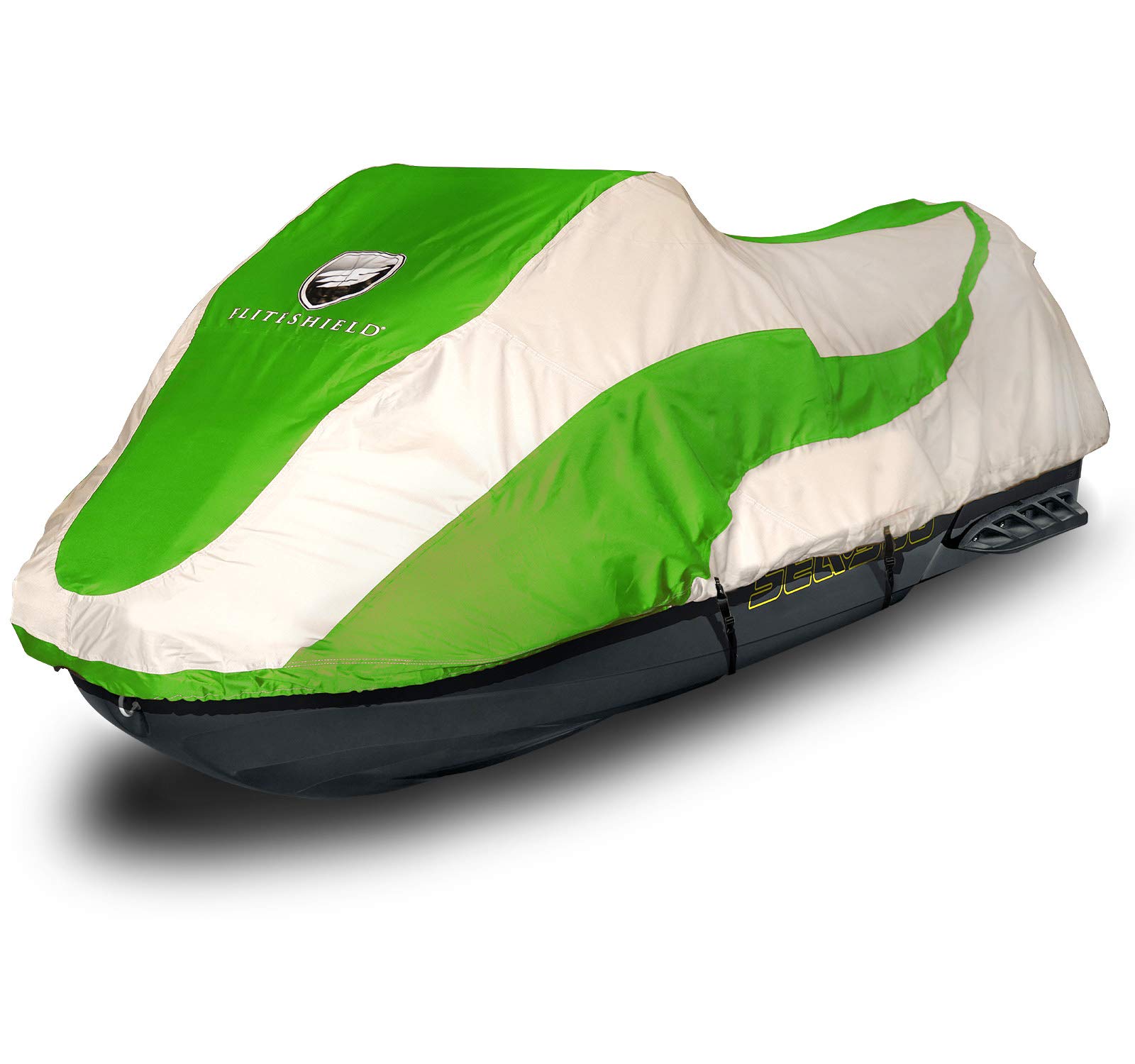 Waterproof Trailerable Jet Ski Cover for Sea Doo Fish PRO 155 & 170 (2019-2025 Models) - Durable Green/Grey Boat Cover for Outdoor Storage & Transport Protection