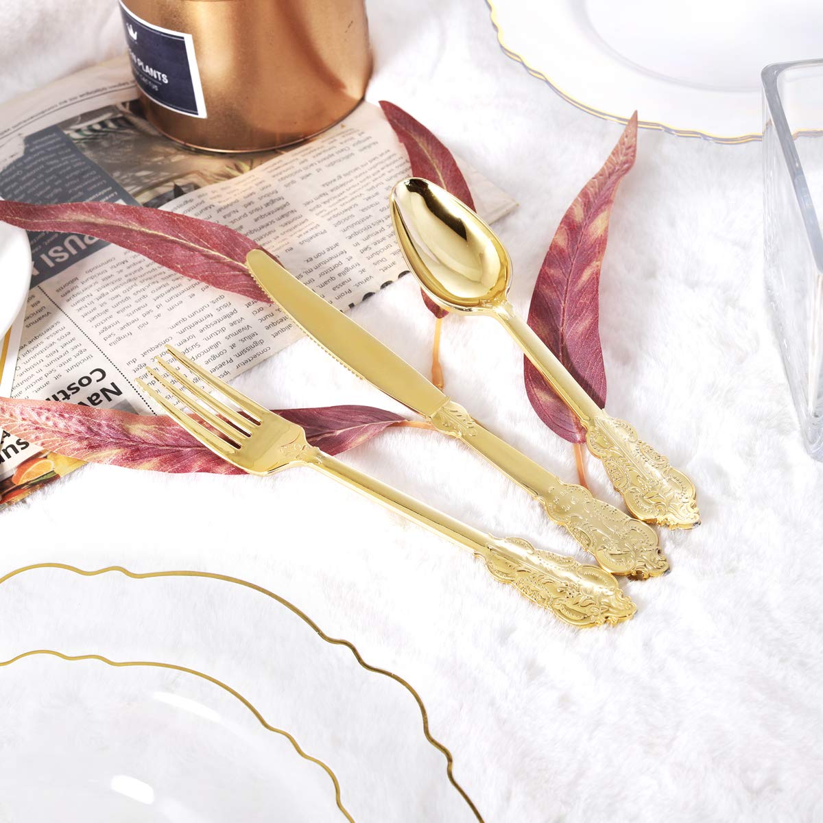 Premium 30-Piece Clear & Gold Plastic Dinnerware Set - Includes 30 Dinner Plates, Salad Plates, Forks, Knives, Spoons & Cups - Elegant Disposable Tableware for Weddings, Parties, Catering & Special Events