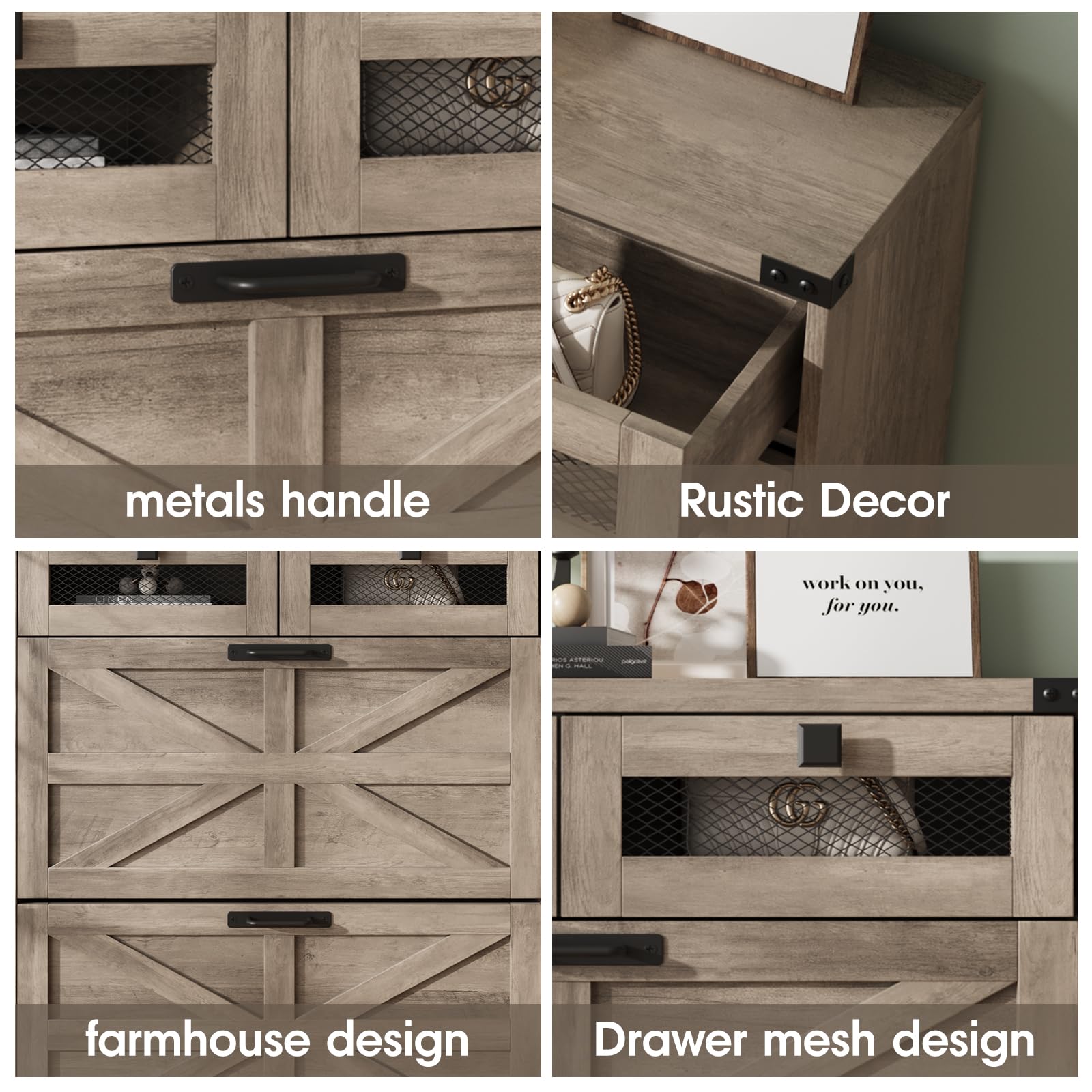 Farmhouse Shoe Storage Cabinet with 2 Flip Drawers & 2 Drawers - Narrow Freestanding Entryway Shoe Rack for Hallway, Living Room or Bedroom Organization - Grey Wooden Shoe Cabinet for Small Spaces
