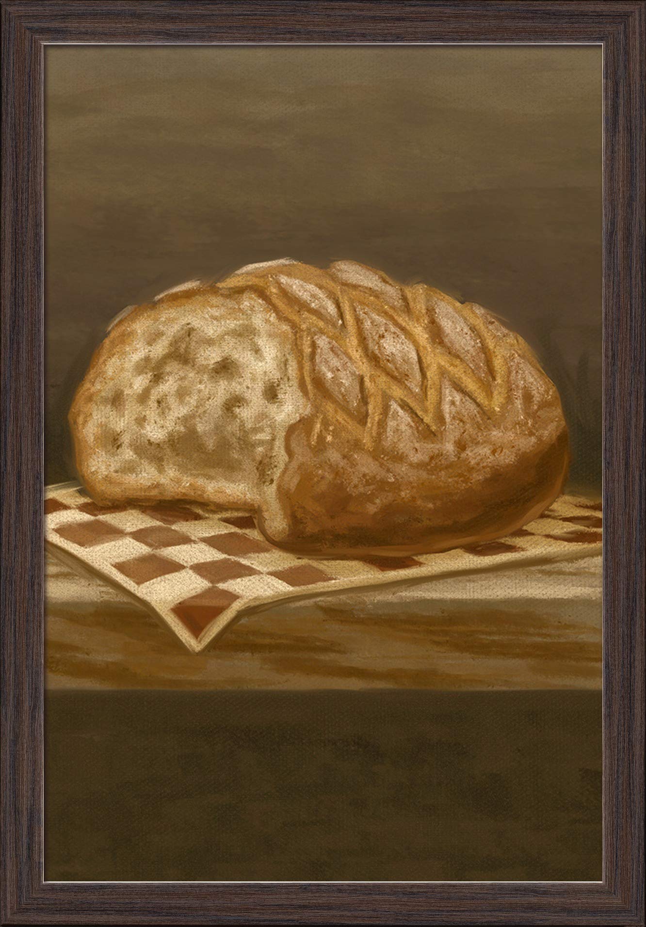 French Country Bread Oil Painting - 16x24 Giclee Fine Art Print with Recycled Wood Frame in Espresso Brown - Perfect for Kitchen Decor, Dining Room Wall Art, and Farmhouse Style Home Decoration