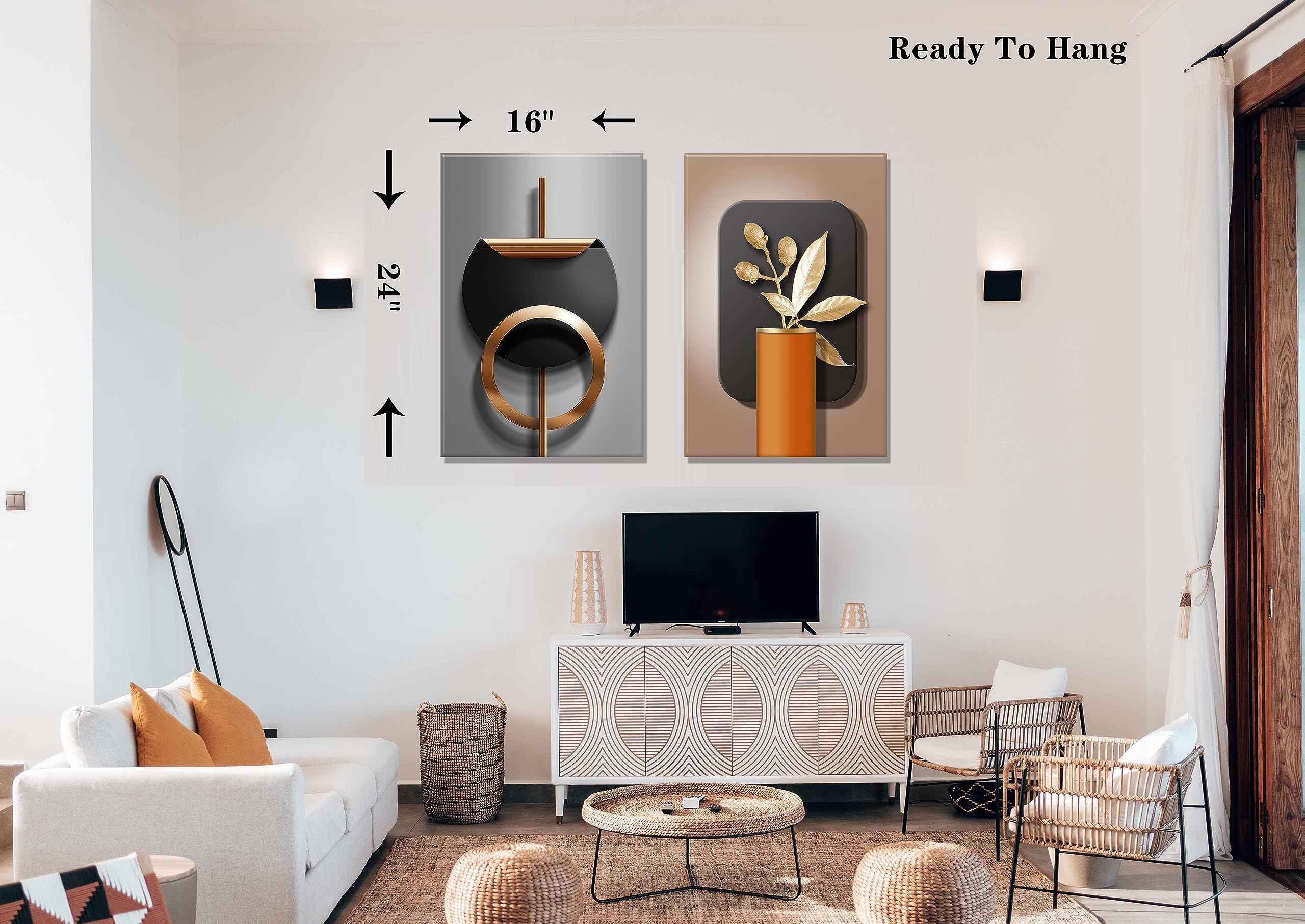2-Piece 3D Geometric Abstract Wall Art - Black Copper Canvas Prints with Stereoscopic Effect, Nordic Luxury Home Decor for Living Room & Bedroom | Modern Black Gold Gray Artwork for Contemporary Spaces