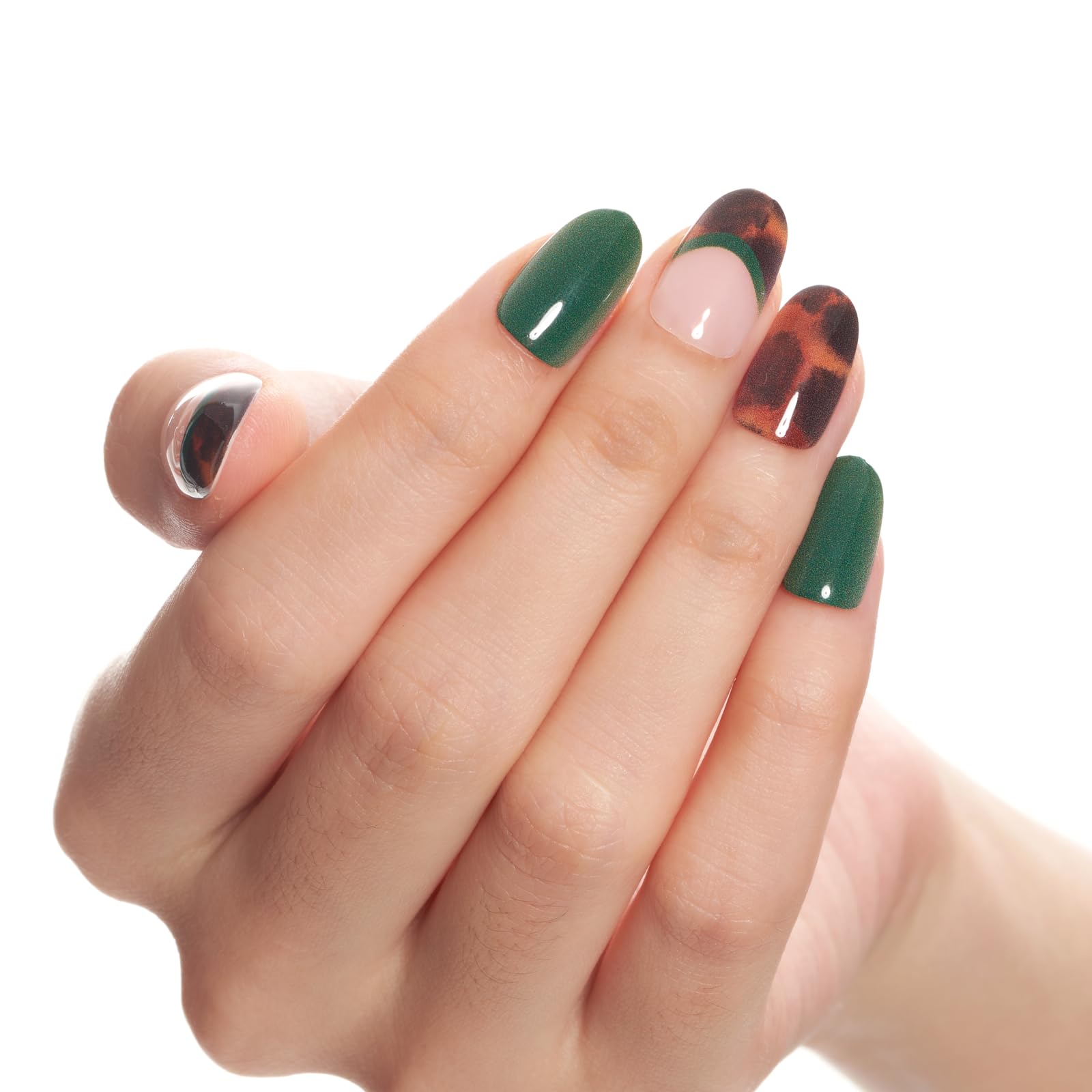 GLAMERMAID Short Almond Press-On Nails – Tortoiseshell Oval Fake Nails in Green, Brown & Amber French Tip Design | Marble Medium False Nails with UV Glossy Acrylic Finish | Easy Glue-On Nail Kits for Everyday Wear, Parties & Special Occasions