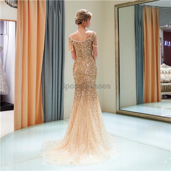 Elegant Off Shoulder Mermaid Gold Beaded Prom Dress for Evening Party & Special Occasions | Formal Gown for Homecoming, Wedding Guest, and Red Carpet Events