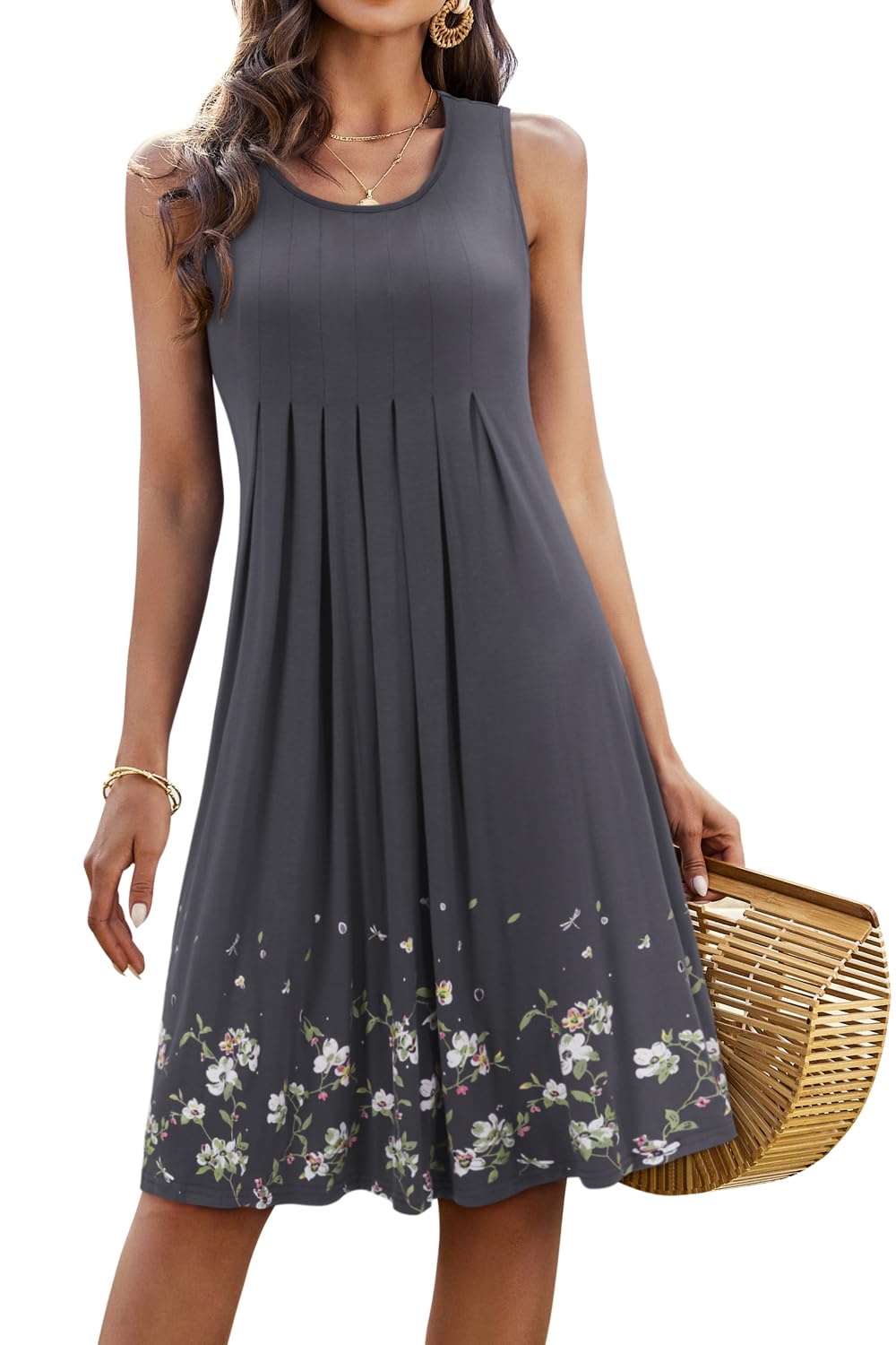 KILIG Women's 2023 Summer Floral Print Pleated Sleeveless Midi Vest Dress - Casual Loose Fit Beach Wedding Party Outfit for Vacation, Travel & Outdoor Events