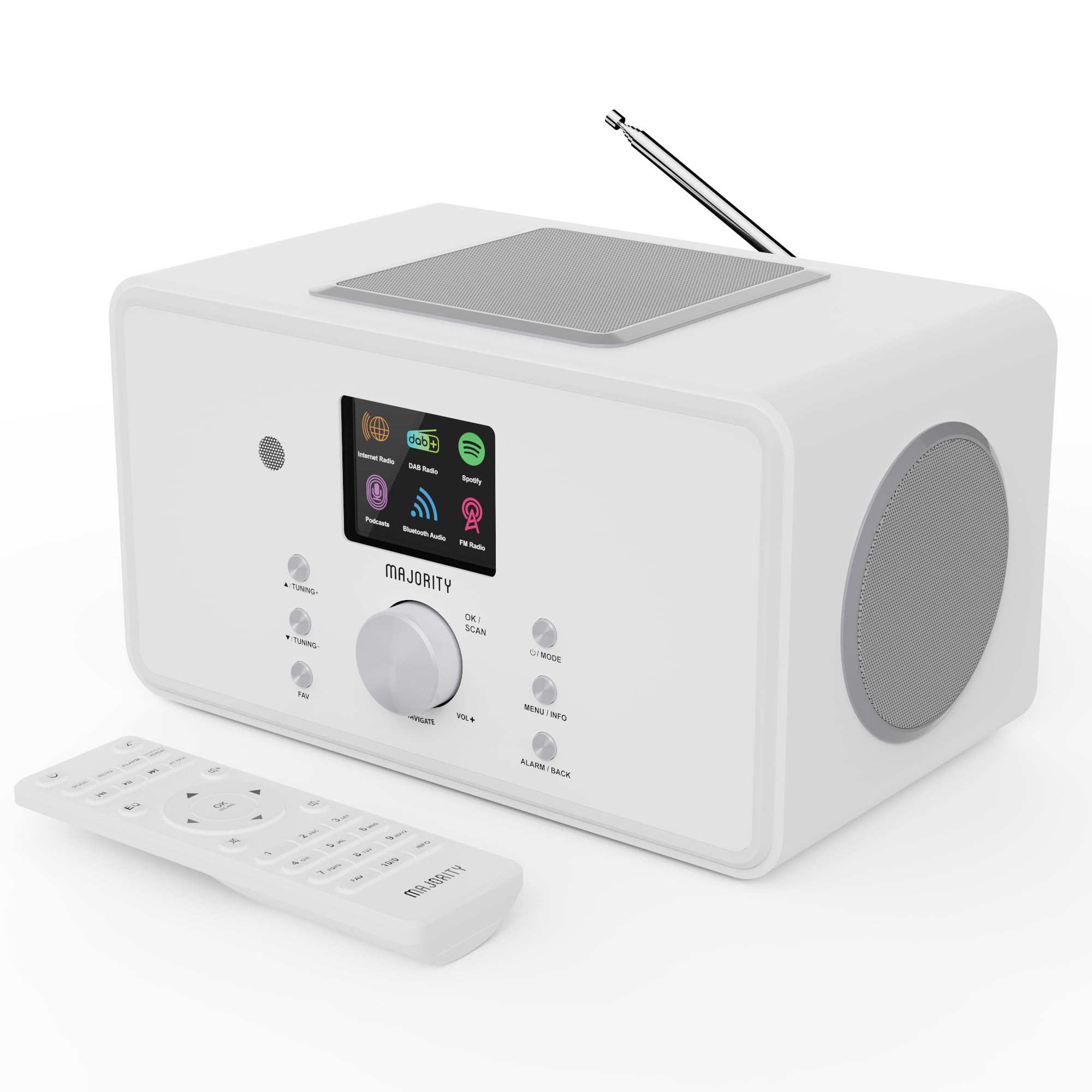Majority Bard White Bluetooth Internet Radio with DAB+, 100W 2.1 Speakers & Built-In Subwoofer, FM Radio, Spotify Connect, Podcasts, AUX & USB, Dual Alarm, 90+ Presets, Remote Control for Home & Office Entertainment