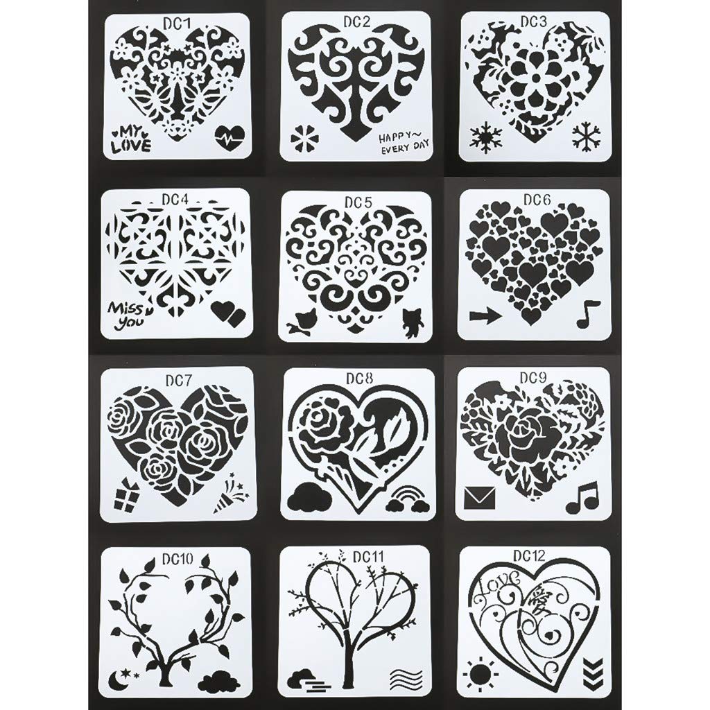 12PCs Heart Painting Stencils - DIY Drawing Templates for Journaling, Notebook, Diary & Scrapbook - Reusable White Plastic Art Stencils for Crafting, Card Making & Home Decor Projects