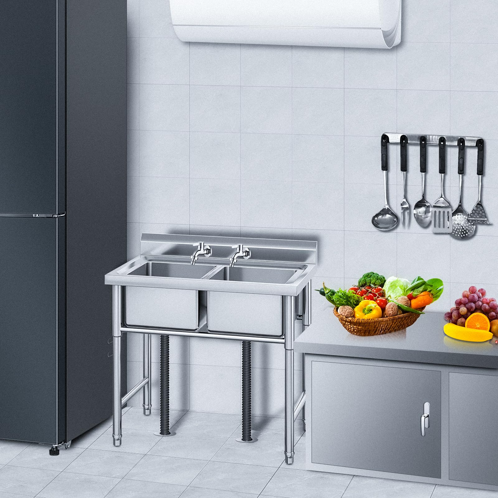 Commercial Stainless Steel Double Bowl Utility Sink - 39