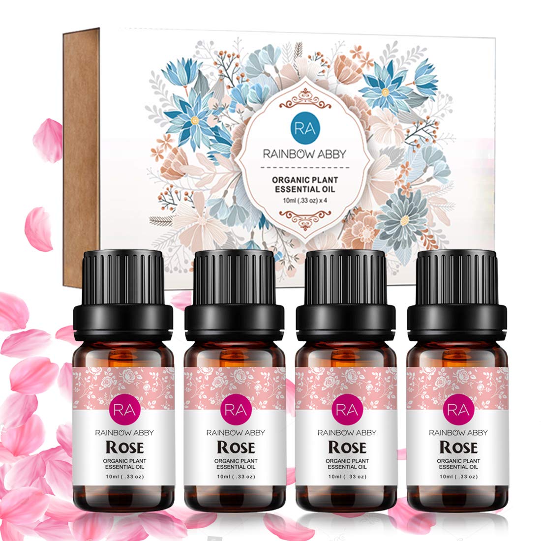4 Bottles of 100% Pure Rose Essential Oil - 10 mL Each for Aromatherapy, Diffusers, Perfumes, Massage, Skin Care, Soaps & Candles | Perfect for Relaxation, Spa, Home Fragrance & DIY Beauty Products