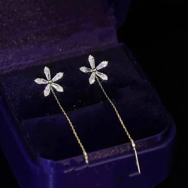 Sparkling Diamond Flower Earrings for Women - Elegant Crystal Tassel Drop Dangle Earrings with Geometric Zircon Design | Perfect for Parties, Weddings & Date Nights (Gold)
