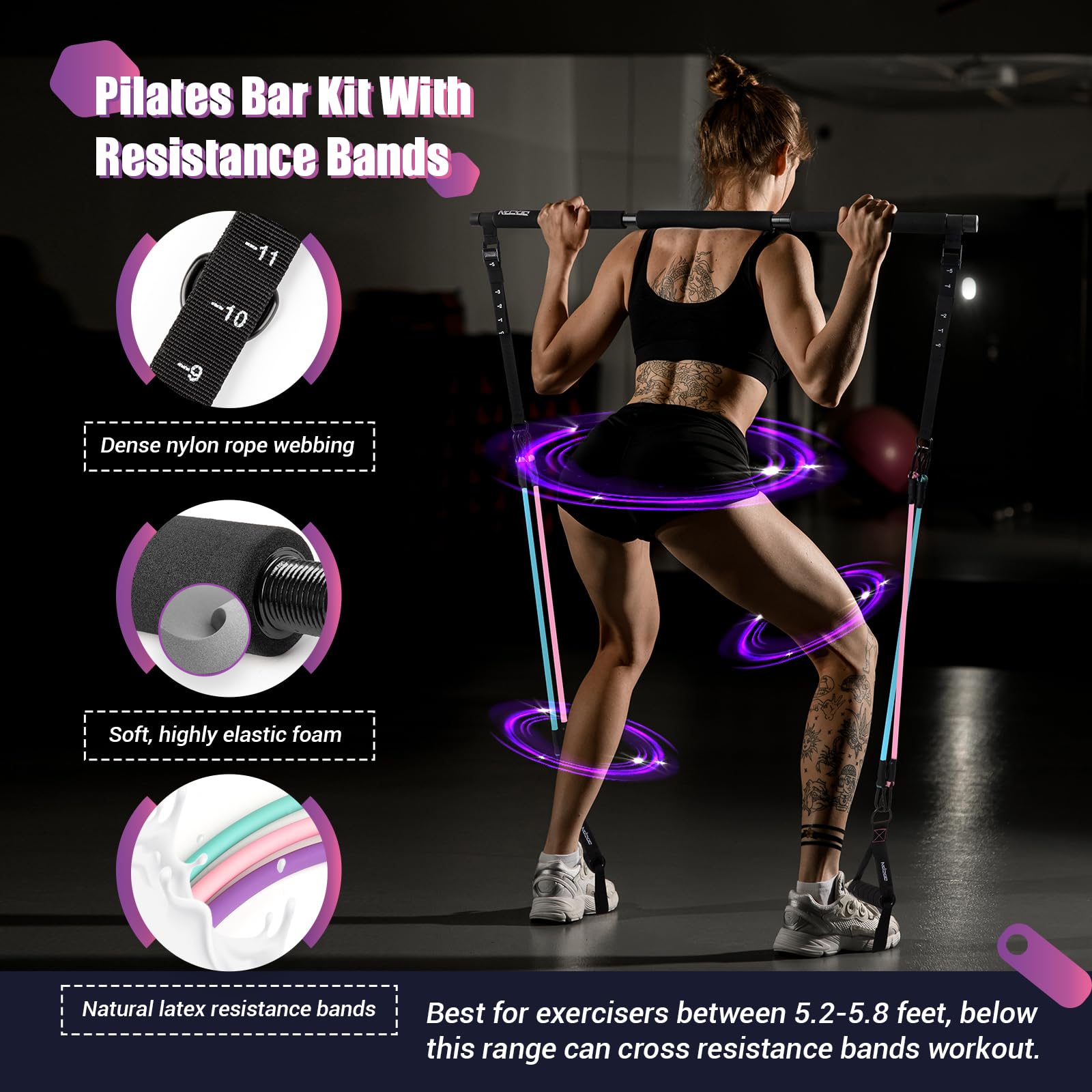 Pilates Bar Kit with Resistance Bands - Multifunctional Exercise Bar with Ab Roller for Pilates, Abs & Weight Loss - Portable Home Gym Equipment for Full Body Workout - Perfect for Women's Fitness & Home Training