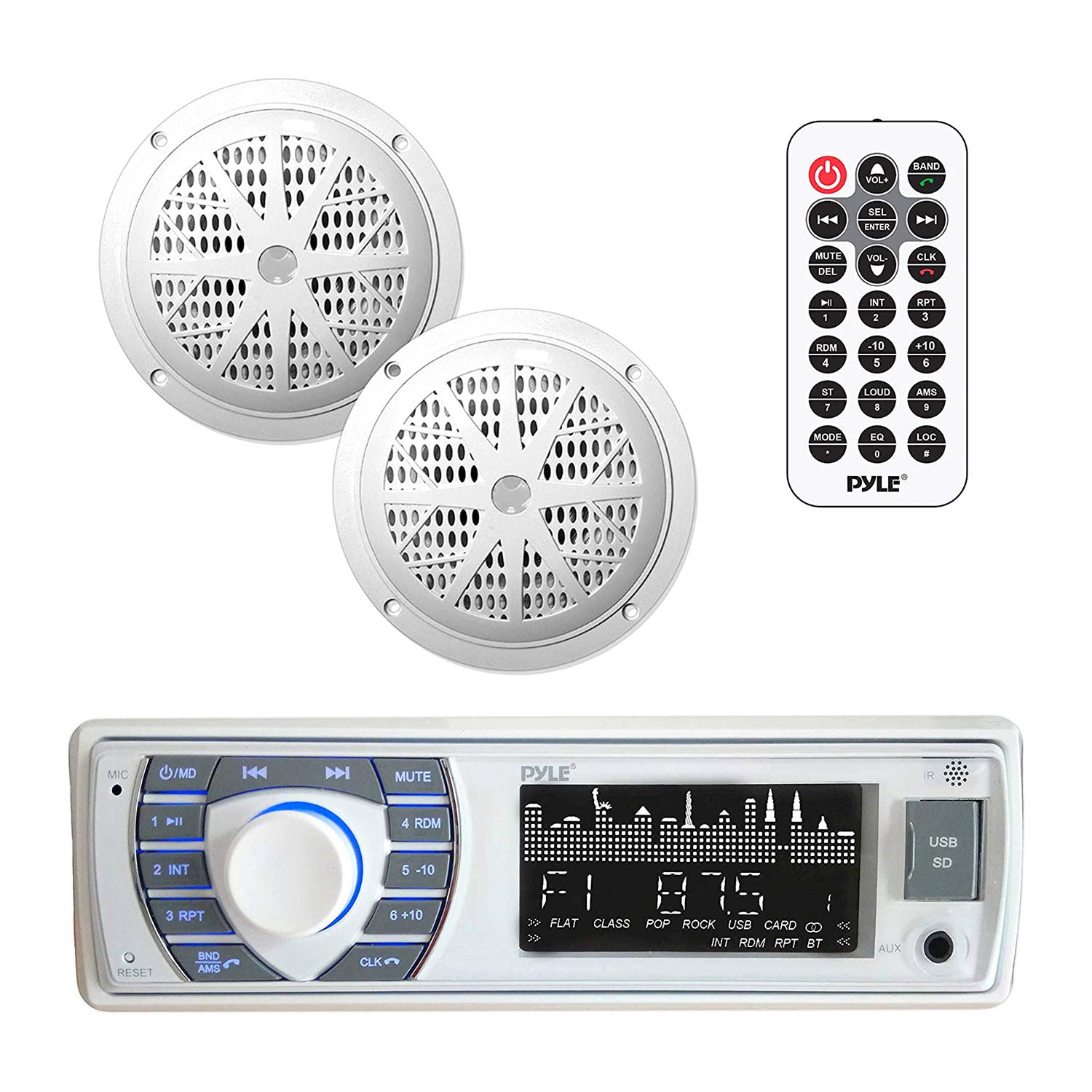 Pyle PLMRKT36WT 5.25 Inch Waterproof Bluetooth Marine Stereo Receiver & Speaker Kit - Wireless Streaming, Hands-Free Calling, AM/FM Radio, MP3/USB/SD Input - White (2 Pack) - Perfect for Boats, Yachts, and Outdoor Marine Entertainment