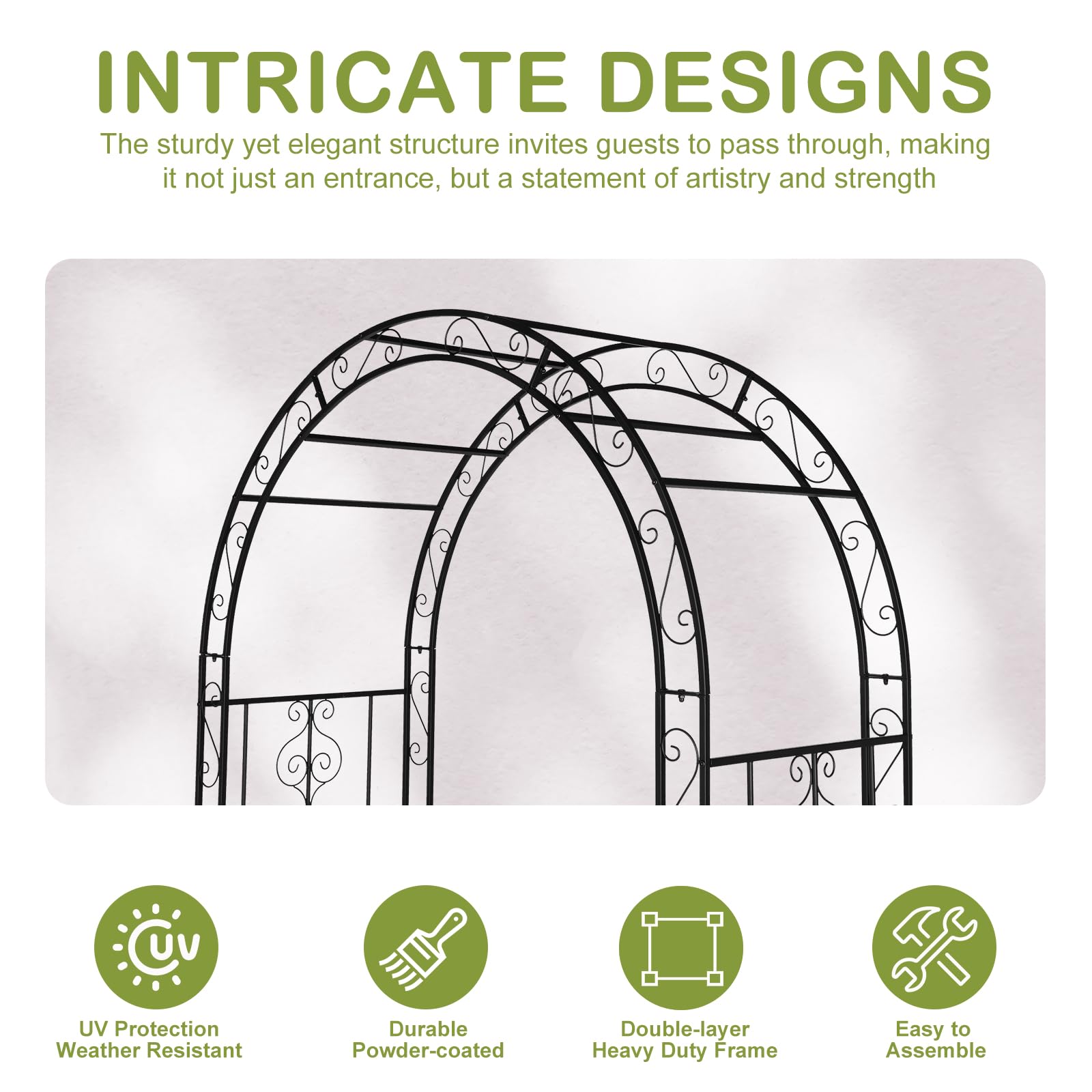 Outvita 7FT Heavy Duty Metal Garden Arch Arbor - Black Decorative Trellis with 7 Inch Ground Stakes for Climbing Roses, Vines & Wedding Decor | Perfect for Courtyard, Patio, Lawn & Outdoor Ceremonies