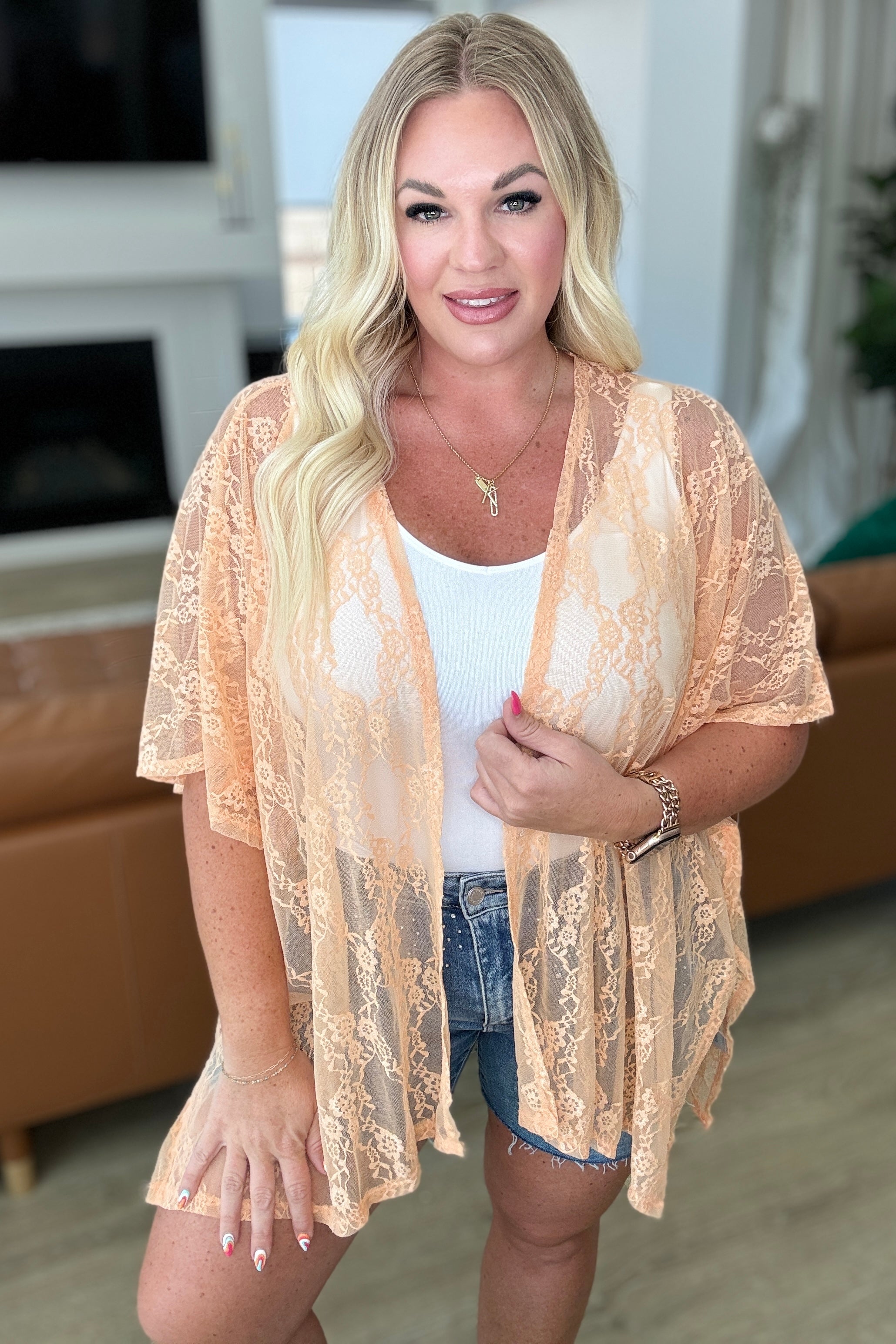 Good Days Ahead Lace Kimono Robe - Peach Color Lightweight Cover Up for Women | Perfect for Beach, Poolside, Bridal Party & Lounge Wear