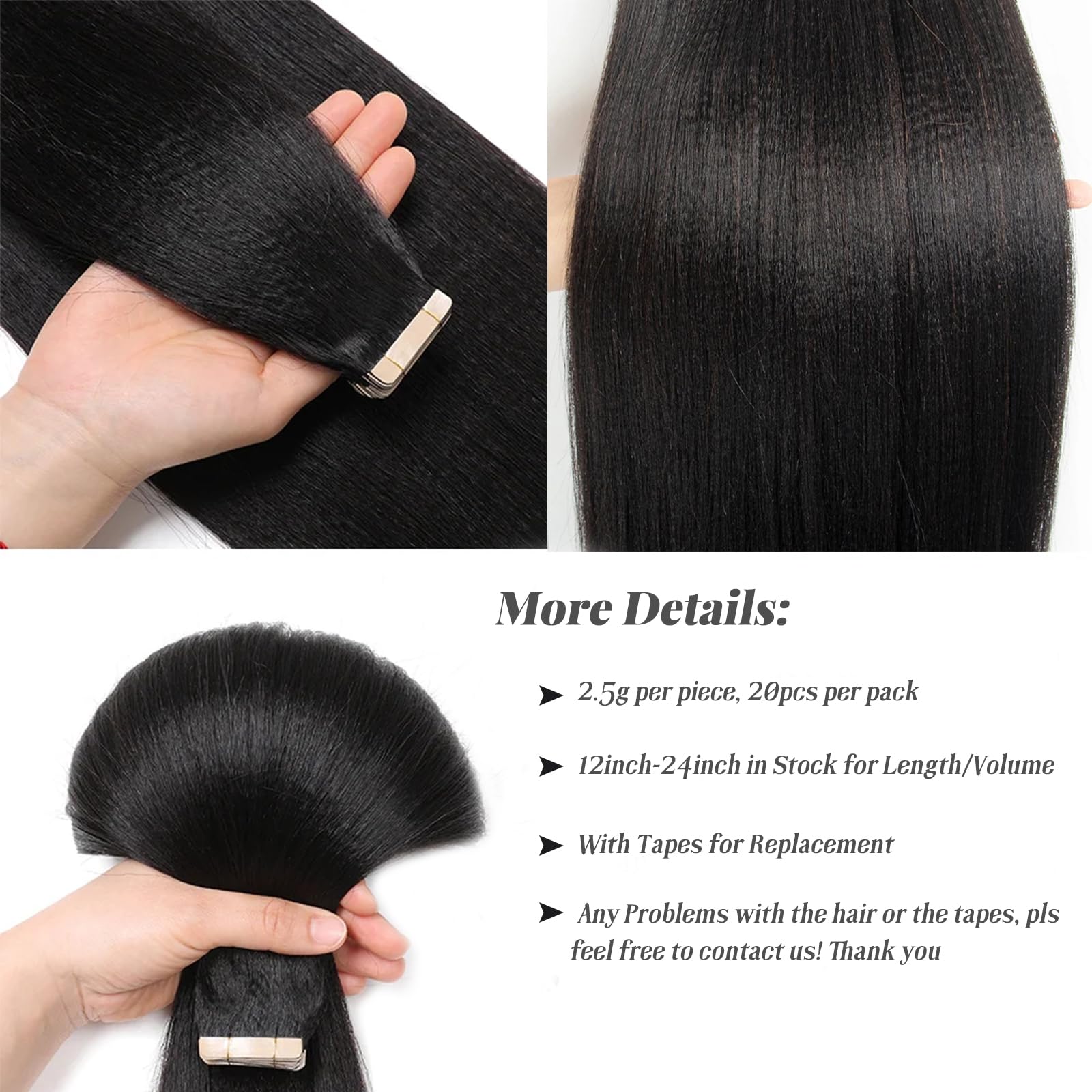 24 Inch Yaki Straight Tape-In Hair Extensions - Invisible Black Human Hair for Black Women | Natural Color, Real Human Hair, Light Yaki Texture | Perfect for Daily Wear, Special Occasions & Styling