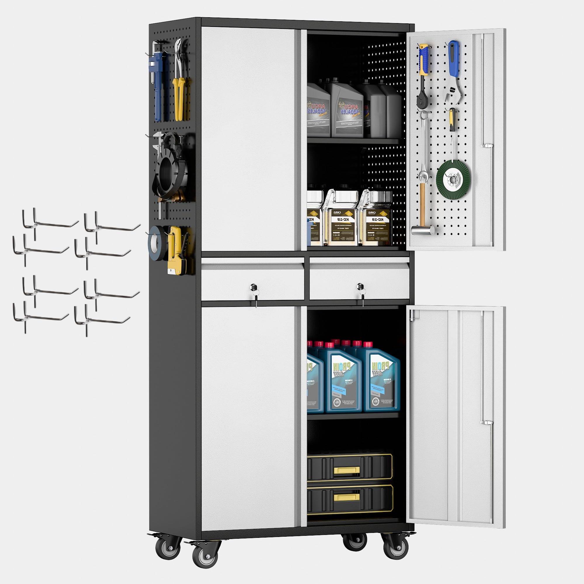 Aobabo Heavy Duty Metal Storage Cabinet with 2 Locking Drawers & Pegboard - Steel Rolling Tool Organizer with 8 Hooks & 2 Adjustable Shelves for Garage, Workshop, Home Office & Kitchen Organization (Black Gray, Assembly Required) - Perfect for Tool Storage, Workshop Organization & Home Improvement Projects