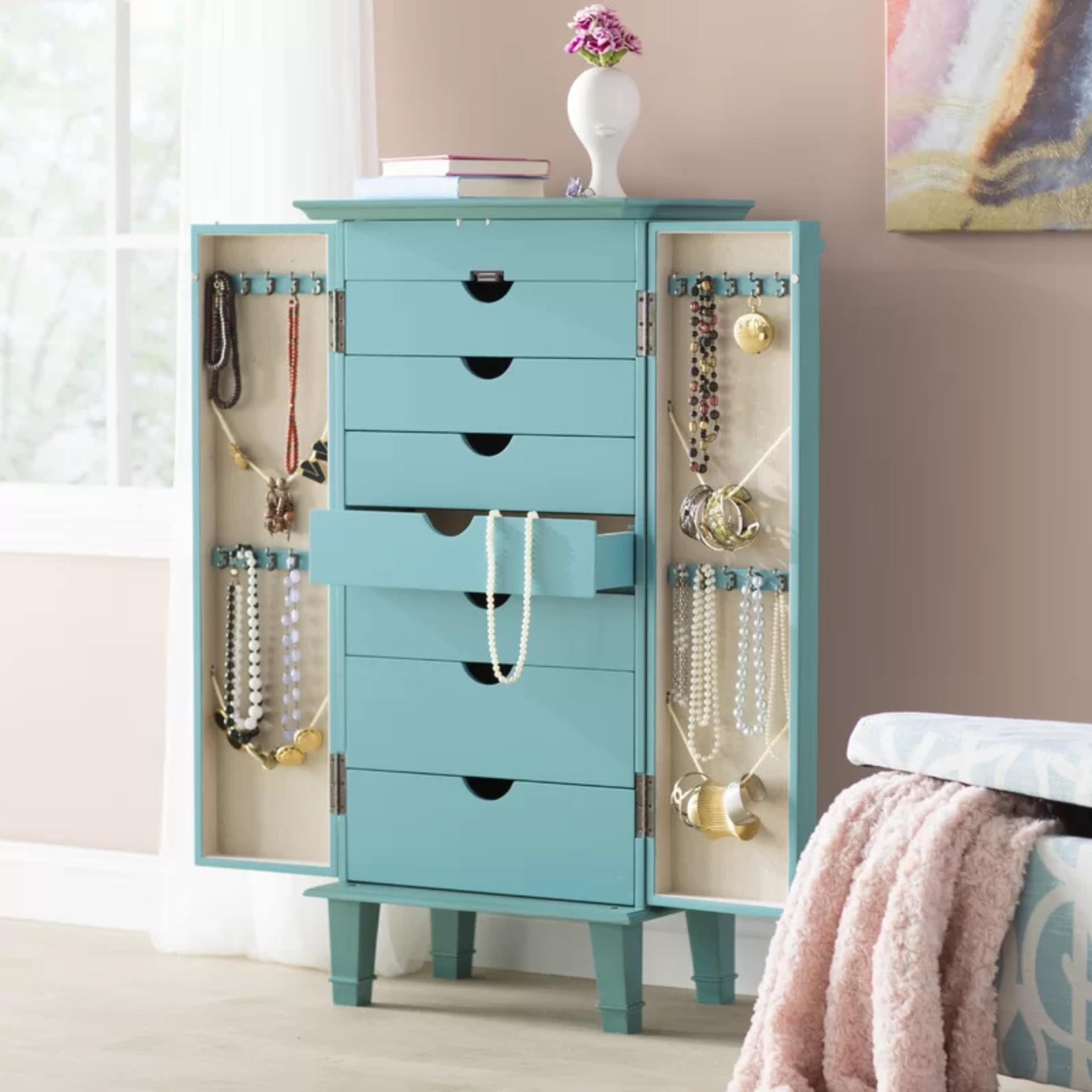 Carson Fully Locking Jewelry Armoire with Mirror - Large Turquoise Jewelry Storage Organizer for Necklaces, Rings & Earrings | Perfect for Bedroom, Closet & Travel