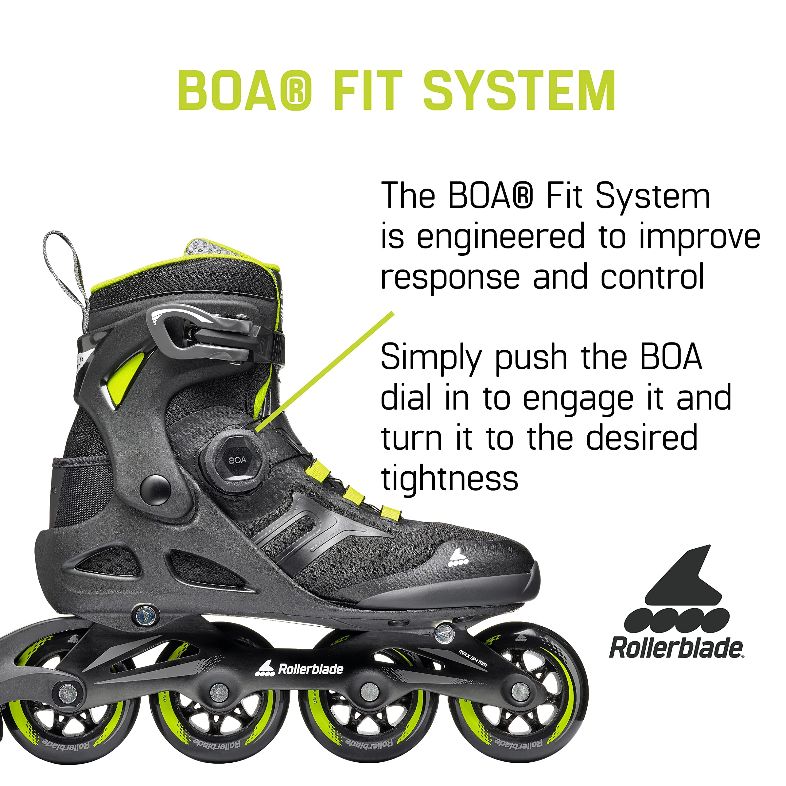 Rollerblade Macroblade 84 BOA Adult Fitness Inline Skates - High Performance Black & Lime Inline Skates for Men & Women - Perfect for Outdoor Exercise, Fitness Training & Recreational Skating