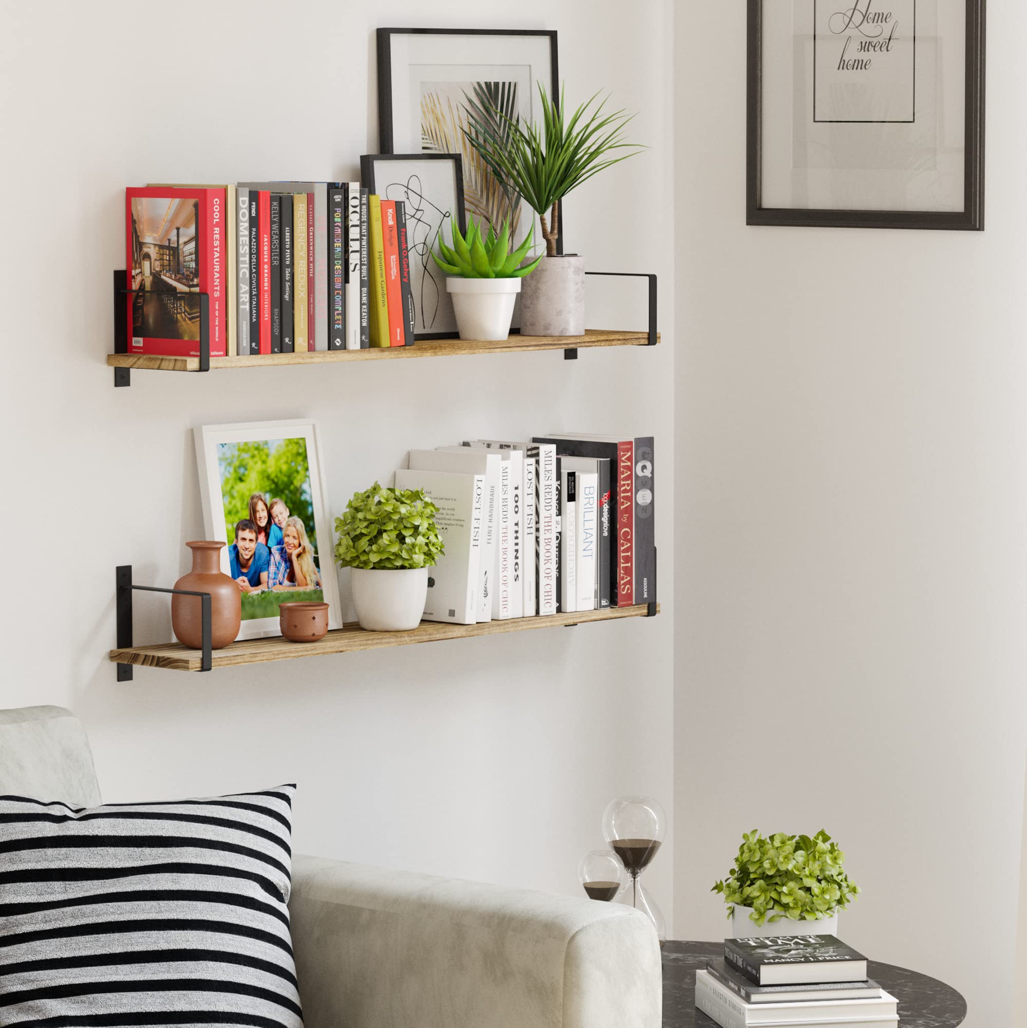 Wallniture Toledo 36 Inch Long Wood Floating Shelves Set of 2 - Rustic Burnt Finish Wall Mounted Shelves for Living Room, Bathroom, Bedroom & Kitchen - Perfect for Books, Decor & Storage | Home Organization & Space Saving Solution