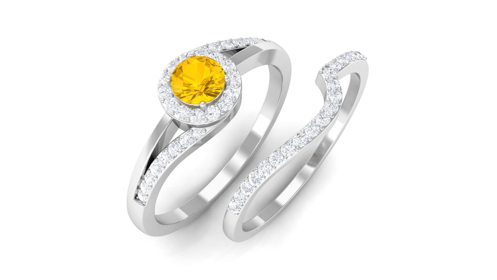14K Solid Gold Yellow Sapphire and Diamond Wedding Ring Set for Women - Minimalist Bridal Chevron Ring Set - Perfect for Engagement, Anniversary, and Special Occasions