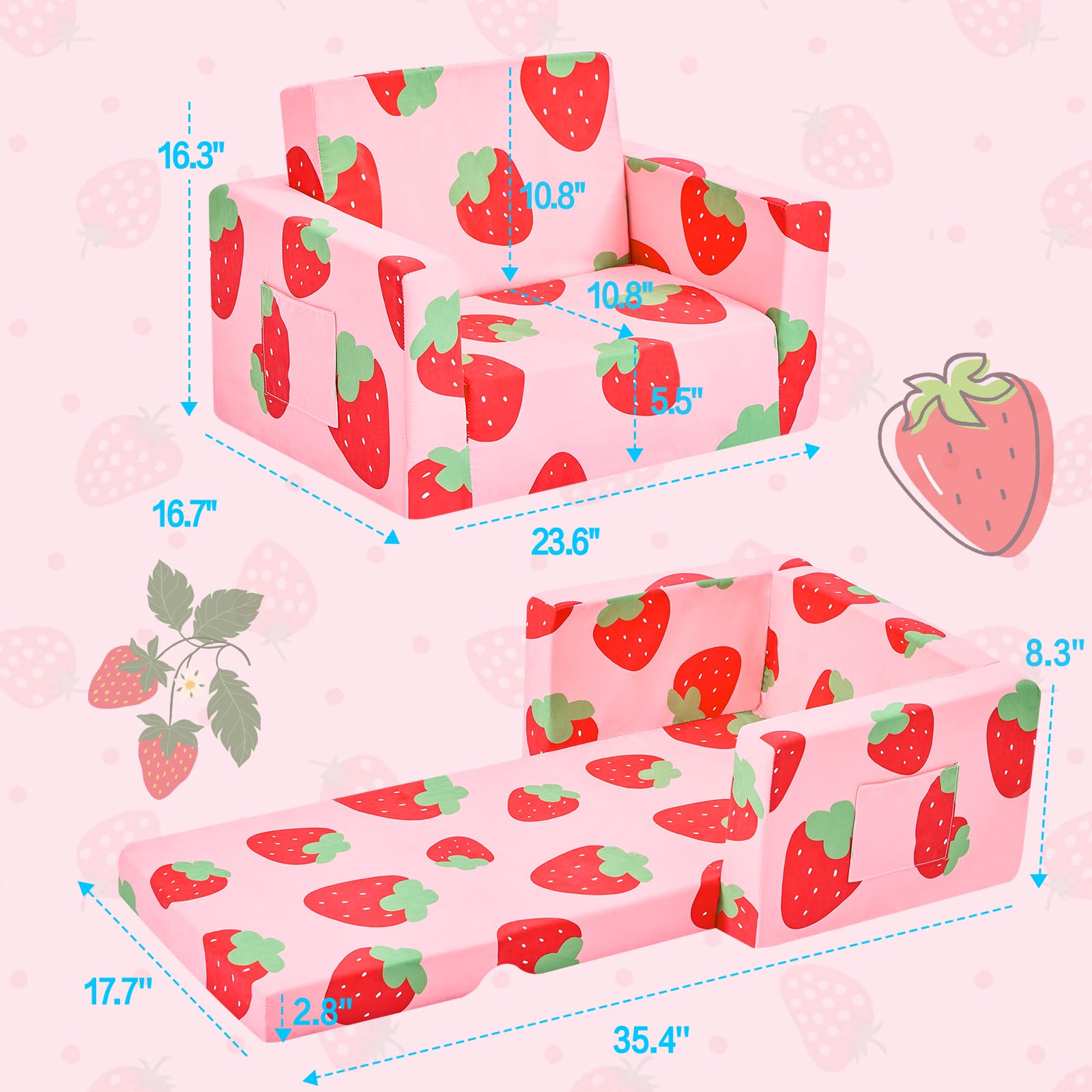 2-in-1 Convertible Toddler Couch & Kids Chair - Foldable Sofa to Lounger for Boys & Girls - Soft Baby Couch with Washable Cover - Perfect for Playroom, Nursery & Gift (Strawberry Red, Medium Size) - Great for Reading Nook, TV Time & Nap Space