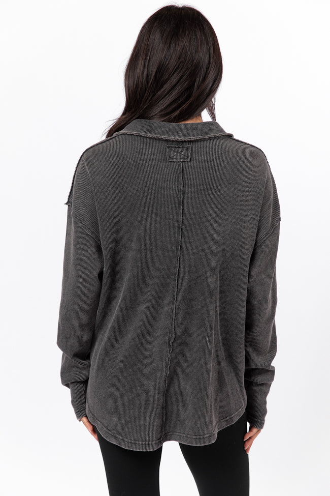 Leaf Your Worries Black Acid Washed Waffle Collared Top - Stylish Women's Casual Shirt for Everyday Wear, Date Night & Office Outfits