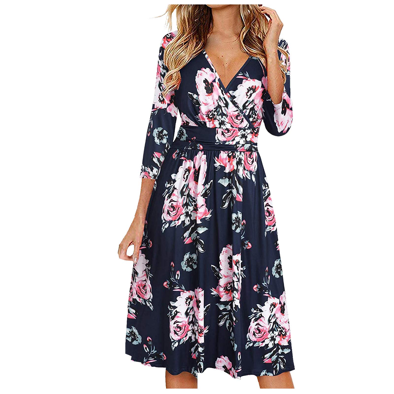 FABIURT Women's Plus Size Casual Fall Midi Dress with 3/4 Sleeves, V-Neck, Buttons & Belt | Pockets Included | Perfect for Office, Date Night & Autumn Outings