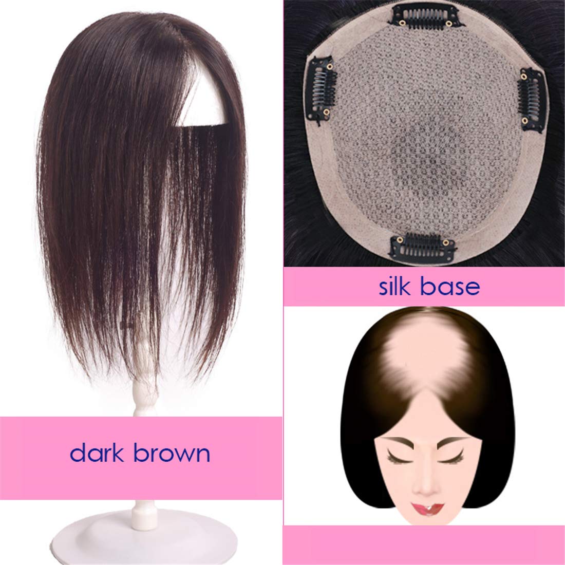 Remy Human Hair Silk Top Topper for Women - 5x6 Inch Silk Base with Hand-Tied Parting - 16 Inch Dark Brown Hair Topper for Thinning Hair & Hair Loss - Perfect for Daily Wear, Work & Special Occasions