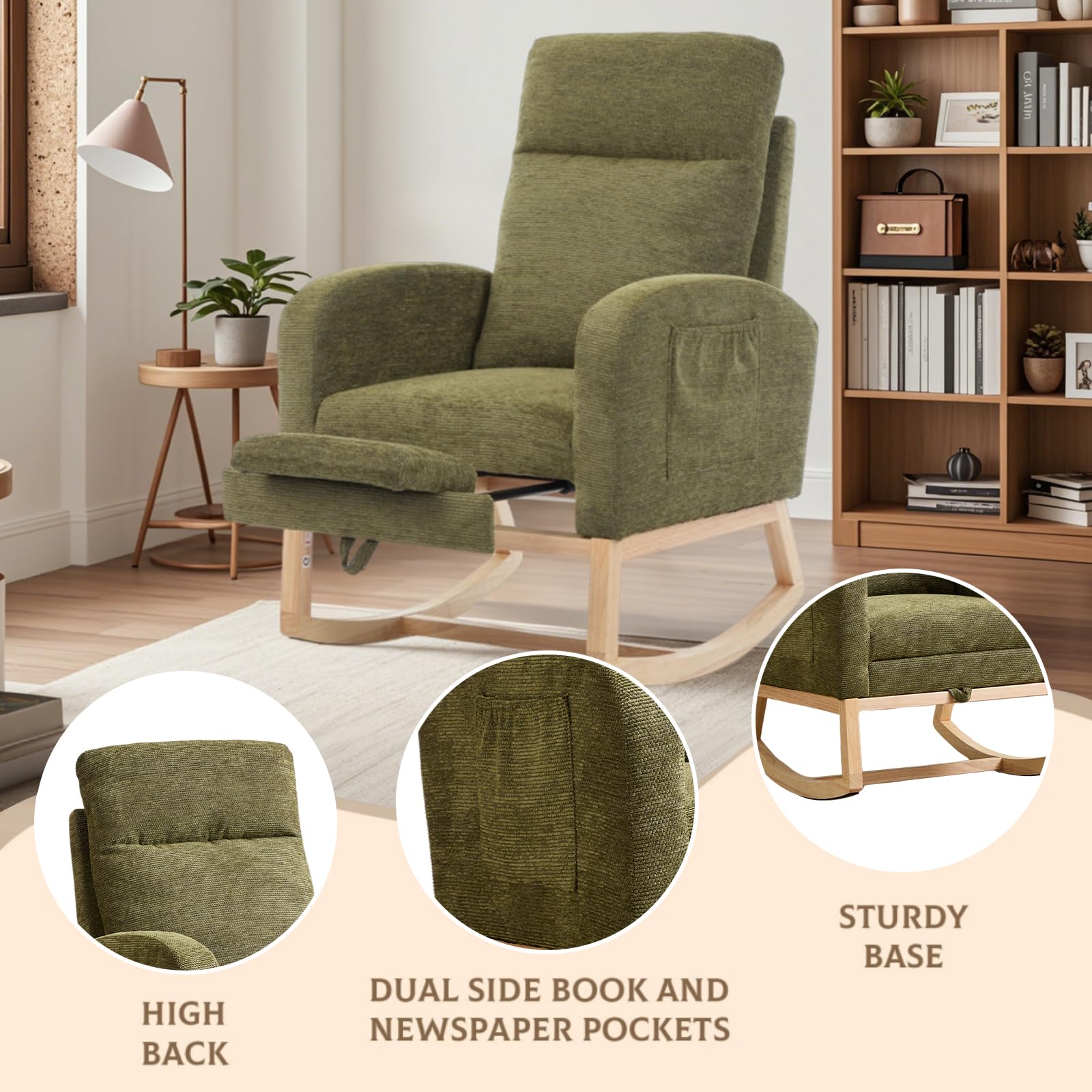 Comfortable Nursery Rocking Chair with Adjustable Footrest - Soft Teddy Fabric, Solid Wood Legs, High Back Support & Side Pockets (Cyan) - Perfect for Baby Nurseries, Living Rooms & Breastfeeding Moms