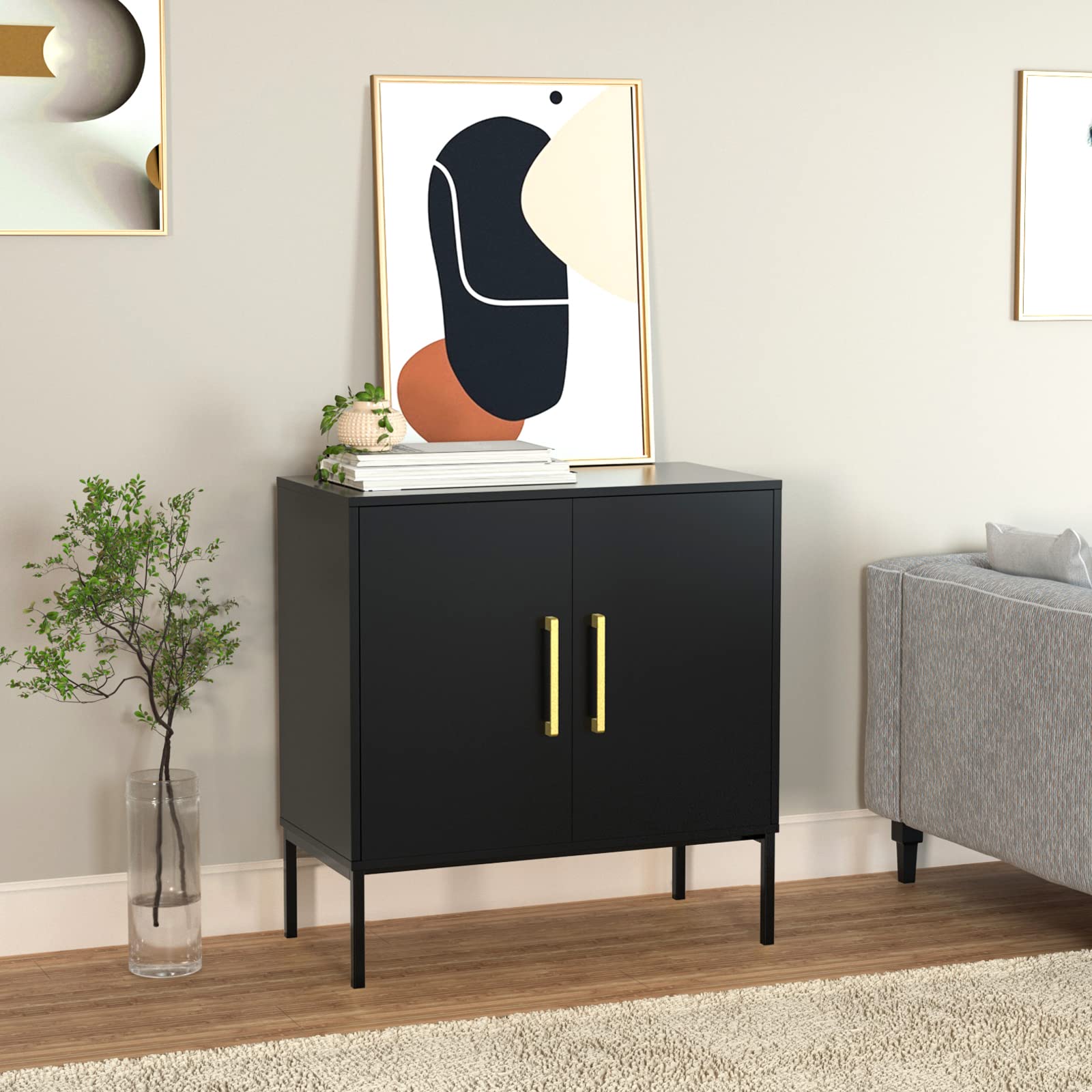 JOZZBY Modern Wooden Buffet Cabinet with Storage - 2-Door Free Standing Sideboard with Adjustable Shelves, Black Accent Cabinet for Living Room, Kitchen, Hallway - Perfect for Dining Room Storage, Entryway Organization & Home Decor