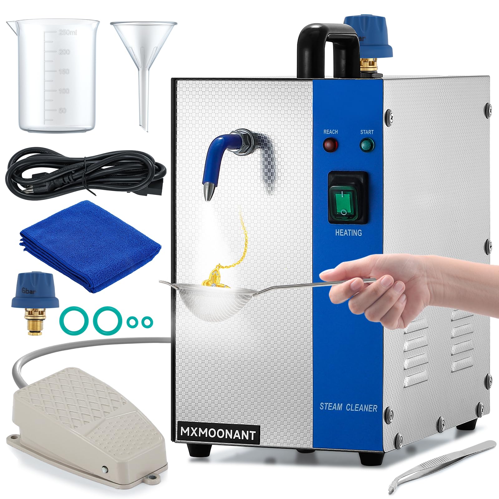 MXMoonant 1200W Jewelry Steam Cleaner - 2L/0.52 gal Capacity (0.8L Liquid) Stainless Steel Professional Jewelry Cleaning Machine with Tweezers, Mesh Strainer & 30x70cm Towel - Perfect for Cleaning Silver, Gold, Gemstones & Diamond Rings, Necklaces, Earrings - Ideal for Jewelry Stores, Home Cleaning & Gift Restoration
