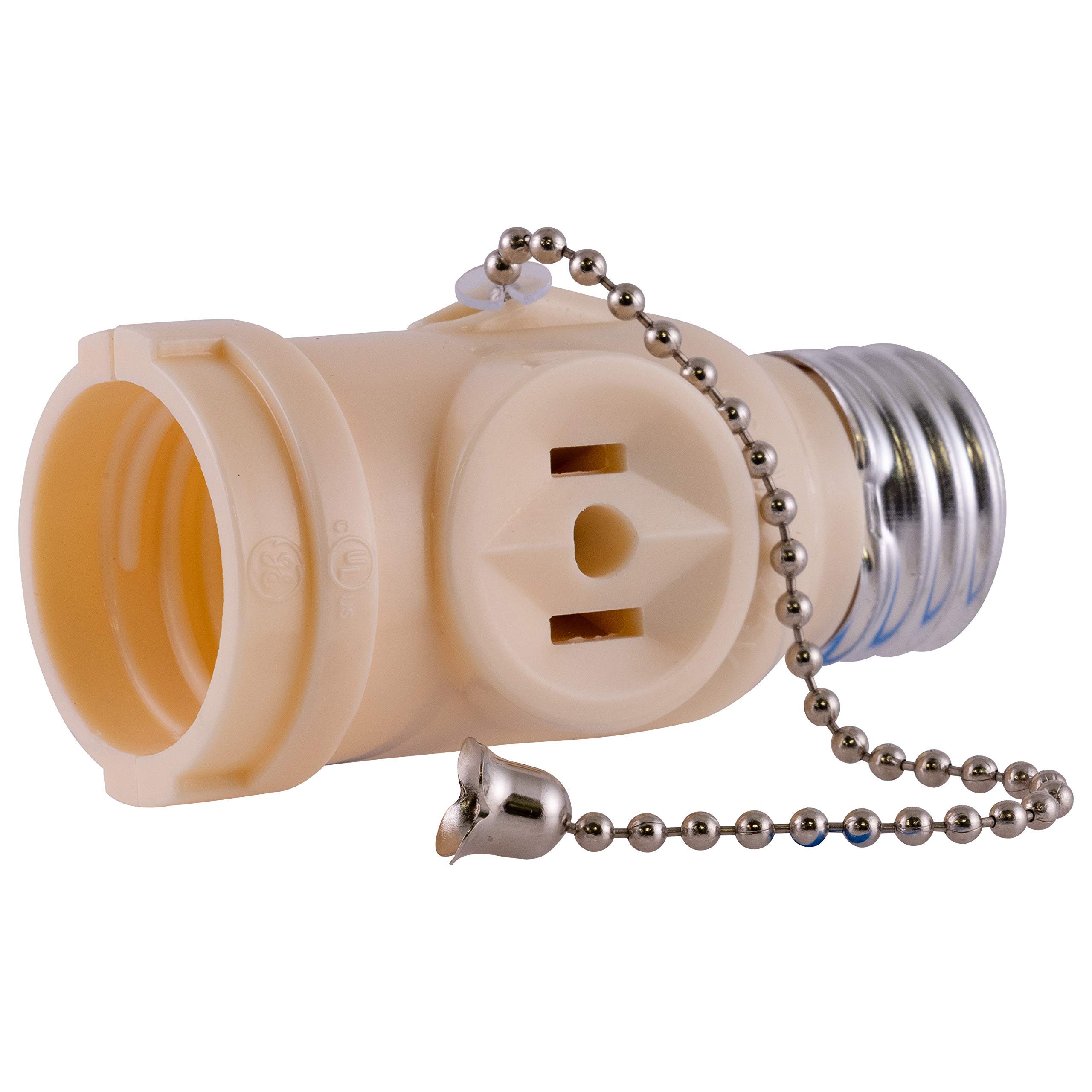Power Gear 2-Outlet Polarized Socket Adapter with Pull Chain Light Control - 2-Prong, 125VAC/250W, UL Listed - Light Almond (Model 54180) - Ideal for Workshop, Garage, Utility Room & Home Lighting Control