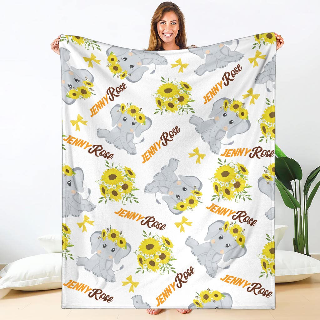 Personalized Sunflower Baby Elephant Blanket with Name - Soft Nursery Blanket for Girls & Boys - Large Size Baby Shower Gift for Newborns & Toddlers - Perfect for Cribs, Strollers & Photo Props