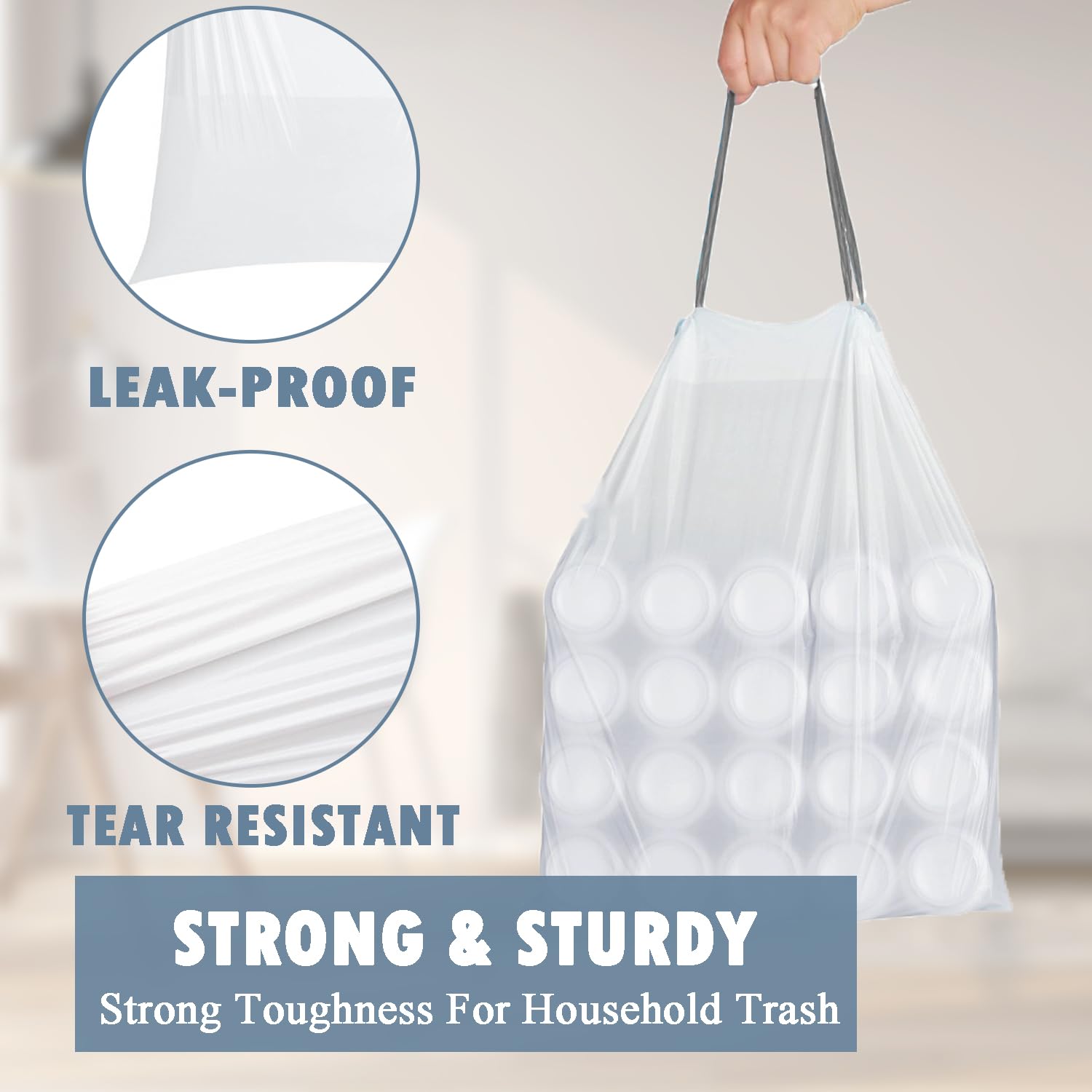 4 Gallon Small Trash Bags - 57 Count Drawstring Kitchen & Bathroom Garbage Bags | Unscented White 4 Gal Trash Can Liners for Home, Office & RV Use