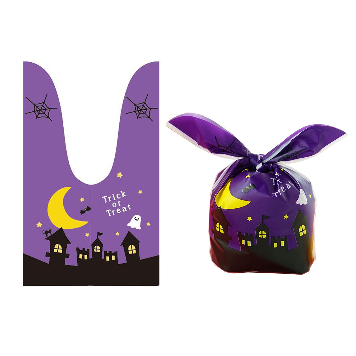 50Pcs Halloween Goodie Bags - Pumpkin & Ghost Design Treat Bags with Ear Ties for Candy, Cookies, Party Favors (Purple) | Perfect for Trick-or-Treat, Classroom Treats & Halloween Party Decorations