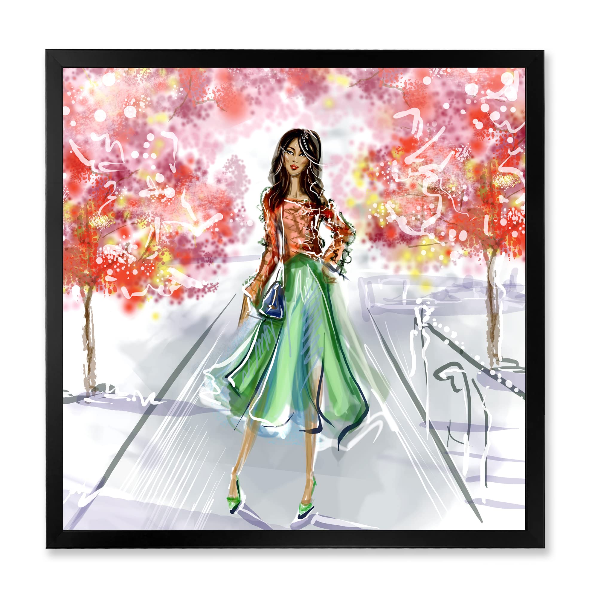 DesignQ Traditional Framed Wall Art - Beautiful Girl Wearing Fashionable Clothes in Park - Perfect for Living Room, Bedroom & Office Decor