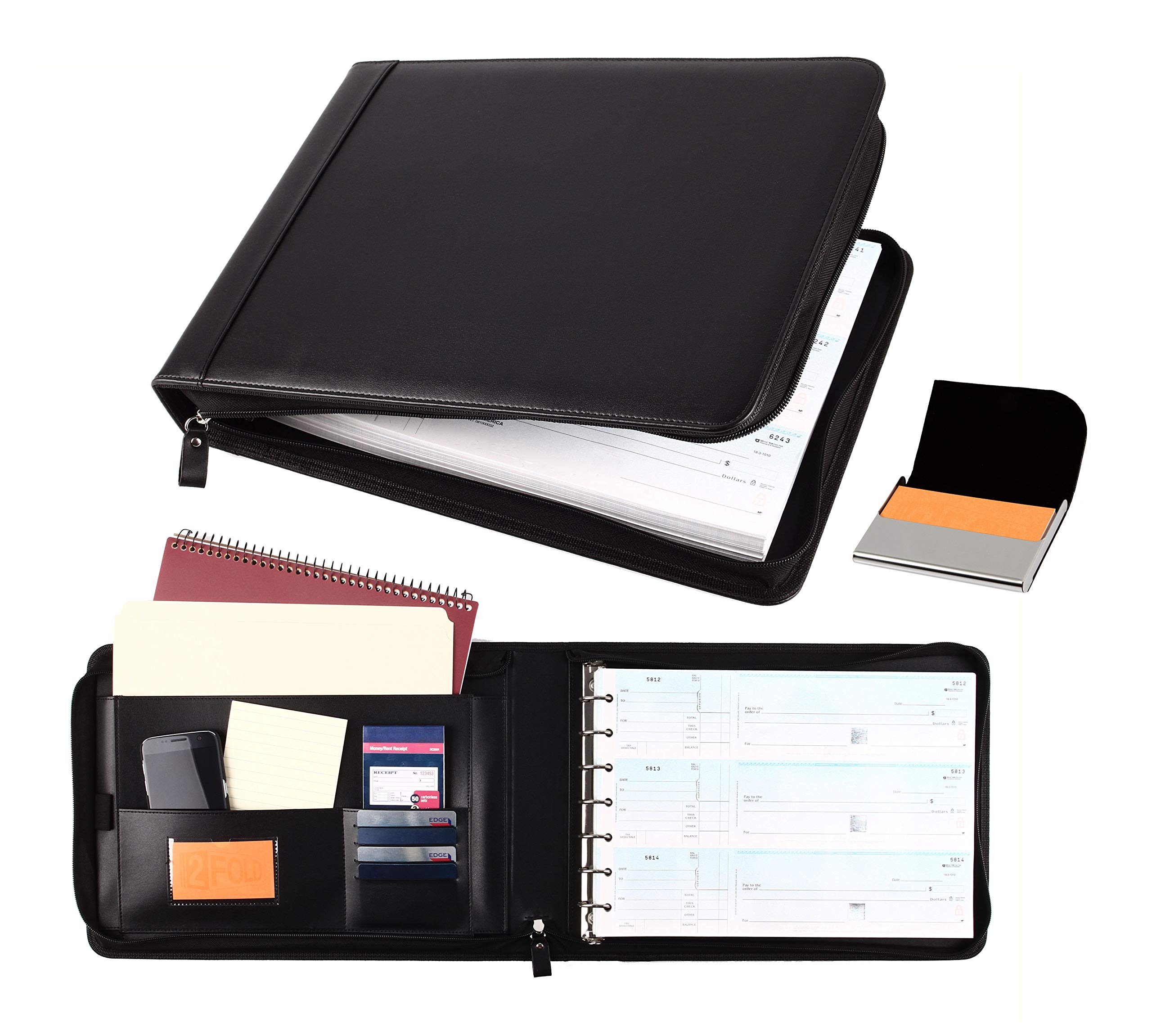 Premium 2Fold PU Leather Binder Portfolio - 7 Ring Business Check Organizer with Built-in Card Holder - Holds 600 3-Up Checks (Black) - Perfect for Accountants, Small Business Owners & Office Professionals