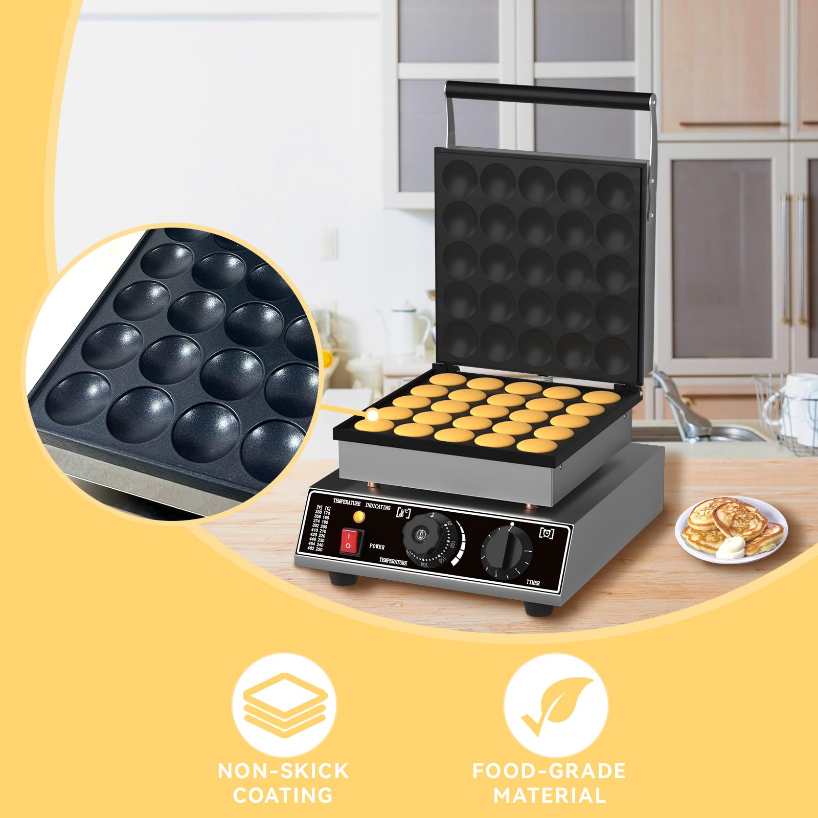 25 PCS Mini Pancakes Maker Machine - 110V Electric Dutch Pancake Maker, 1750W Commercial Nonstick Waffle Iron for Home, Restaurants & Breakfast Cafes - Perfect for Quick Breakfast, Brunch Buffets & Catering Events