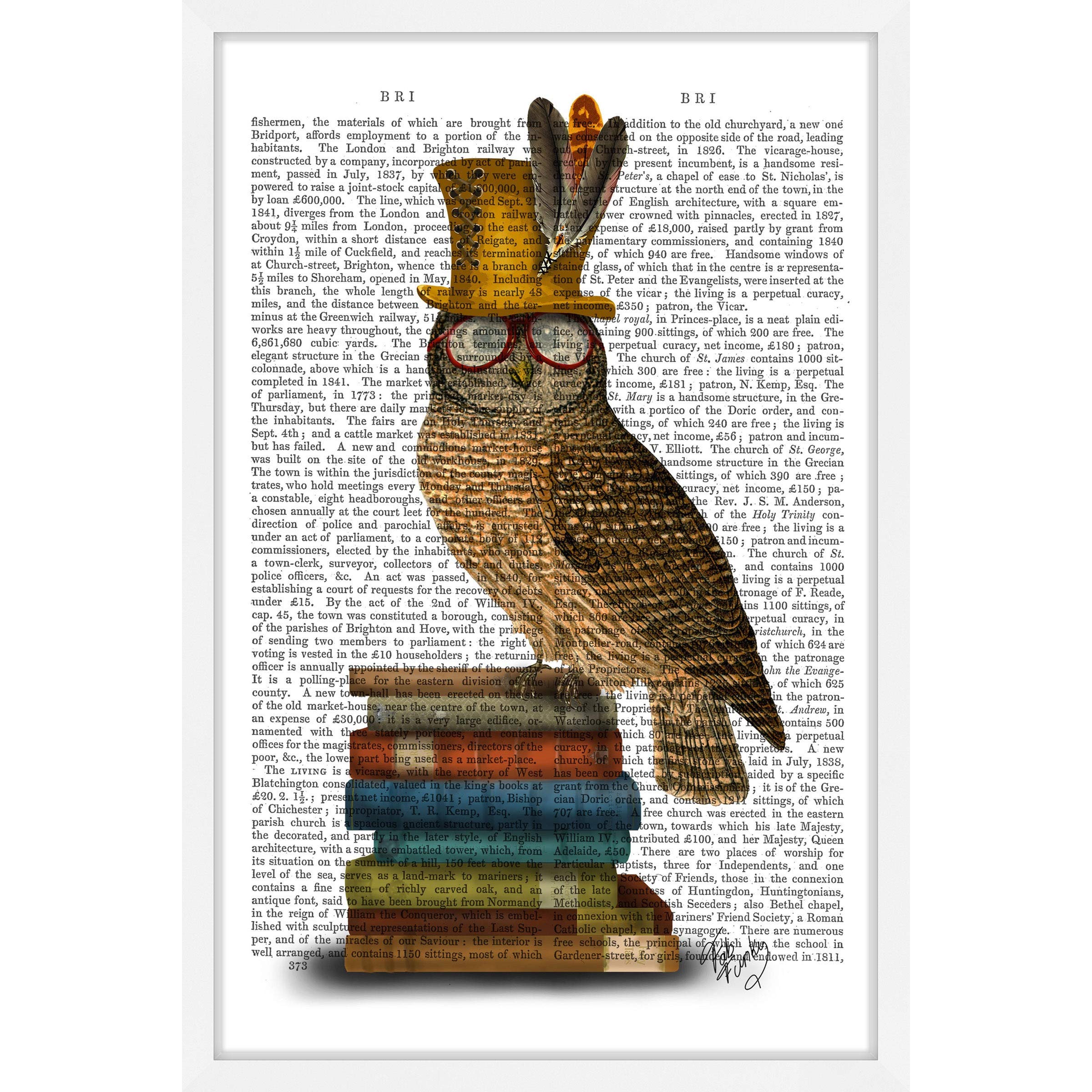 Handmade Owl on Books Framed Print 30x45 - Unique Wall Art Decor for Living Room, Bedroom & Office - Marmont Hill