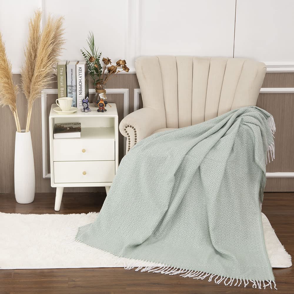 Gealaek Diamond Lattice Faux Cashmere Throw Blanket - Honeydew Fringe, Lightweight & Ultra Soft Cozy Blanket (50