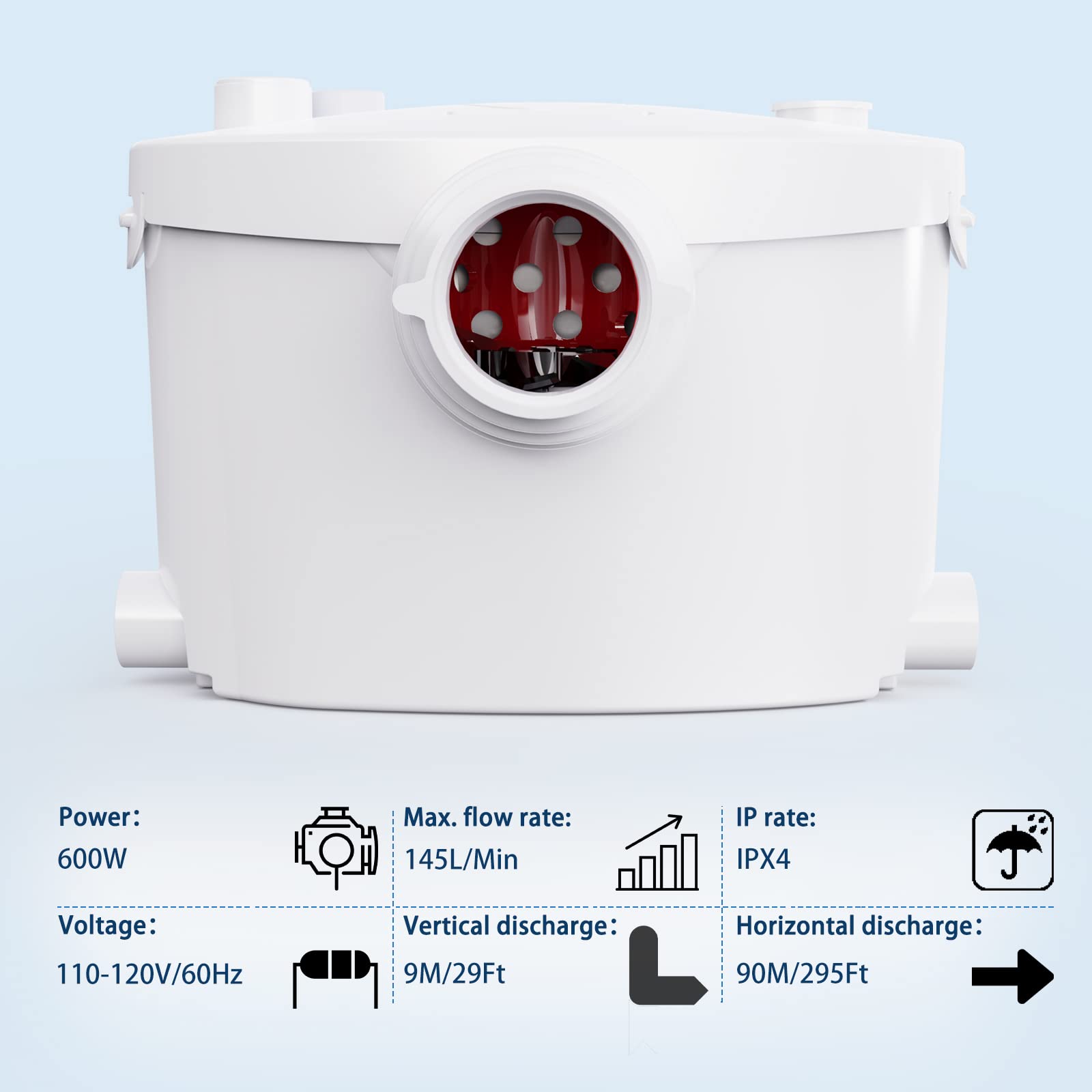 600W Macerator Pump System for Upflush Toilet - Basement Toilet Pump with AC Vent & 4 Water Inlets - Connects to Sink, Shower, Laundry - Ideal for Basement Bathrooms, Tiny Homes, RV Toilets & Renovation Projects