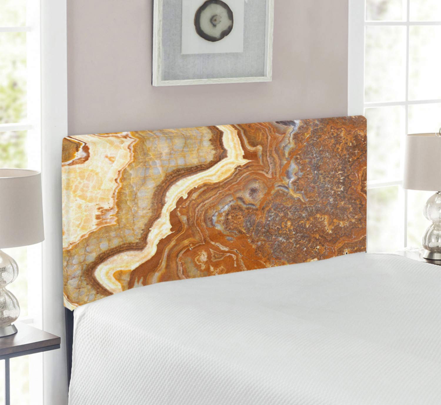 Ambesonne Marble Print Headboard - Twin Size Upholstered Metal Bed Frame with Memory Foam | Earthy Cinnamon Yellow Travertine Design | Unique Mother Earth Inspired Home Decor for Bedroom, Guest Room & Dorm