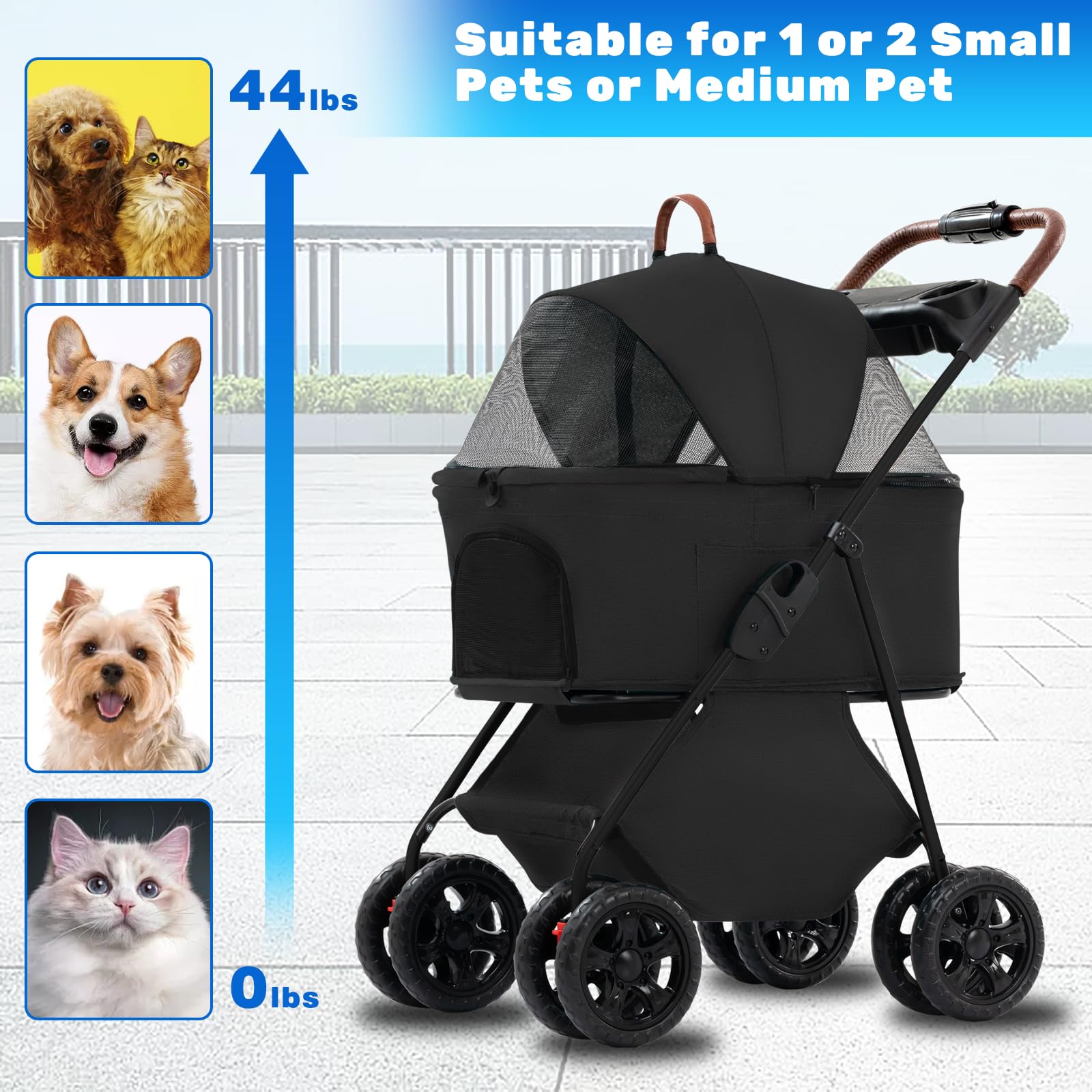 3-in-1 Foldable Pet Stroller for Small & Medium Dogs & Cats - 4 Wheel Multifunctional Travel System with Storage Basket | Perfect for Outdoor Walks, Vet Visits & Shopping Trips