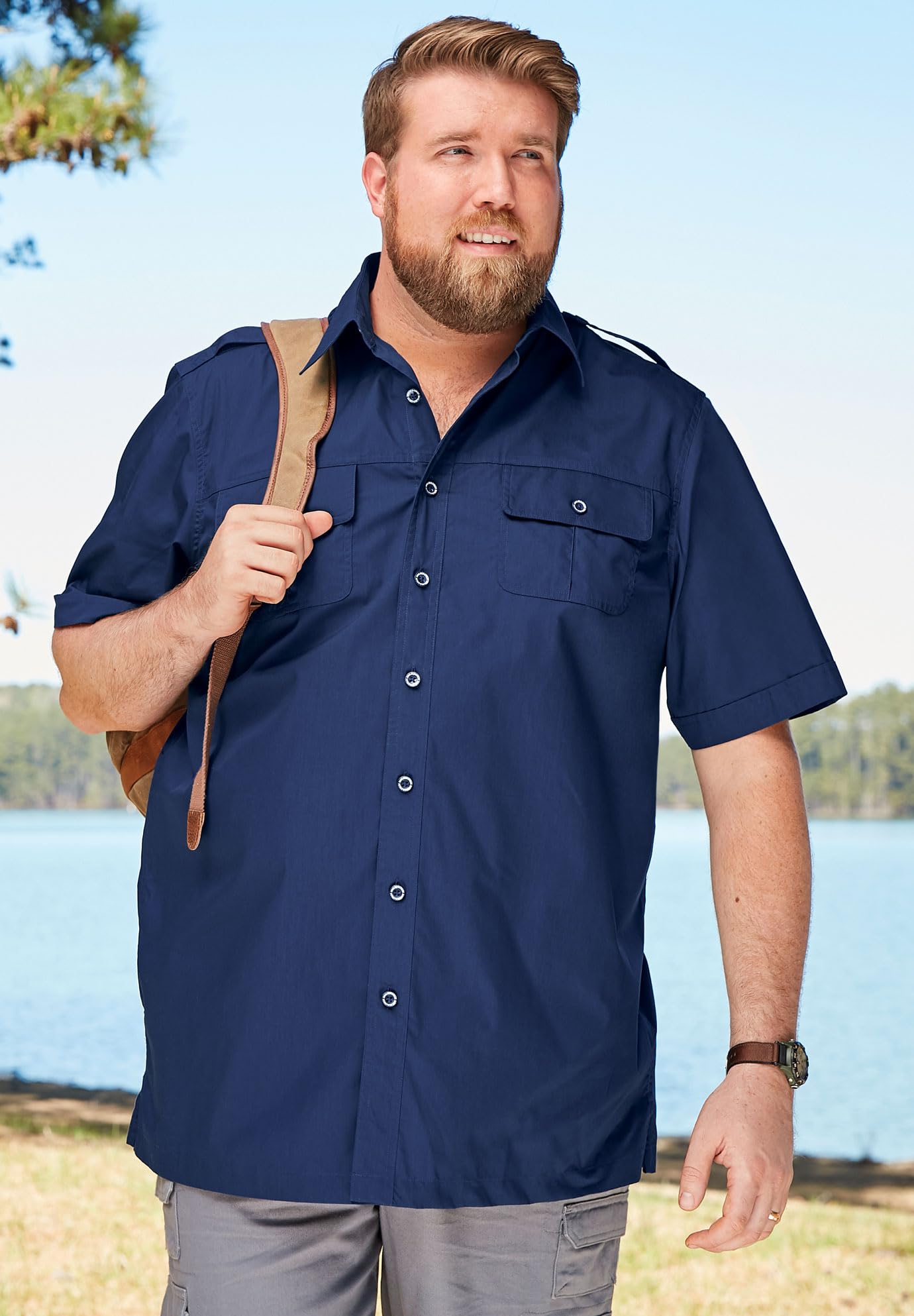 Kingsize Men's Big & Tall Short-Sleeve Pilot Shirt - Comfortable Casual Button Down Shirts for Plus Size Men - Perfect for Work, Travel & Outdoor Adventures